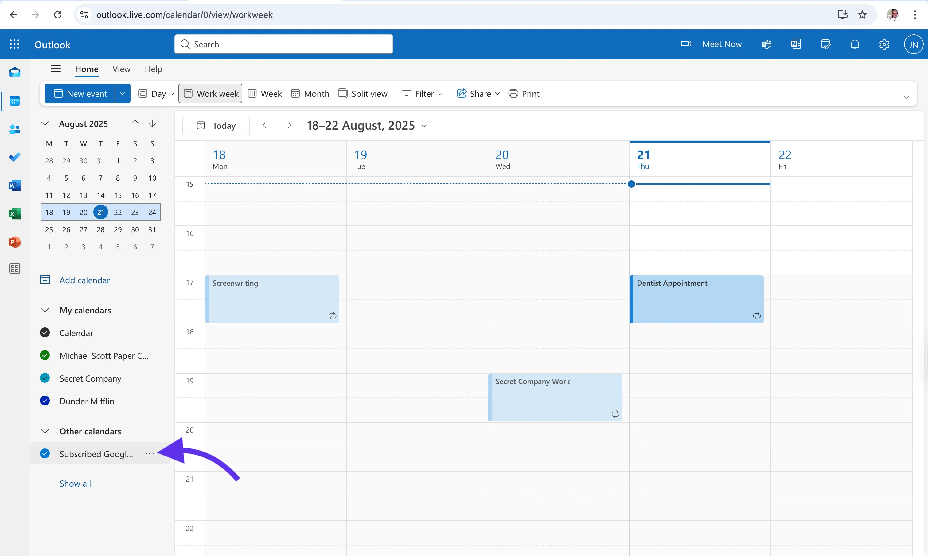 The subscribed calendar will appear under the Other Calendars section.webp