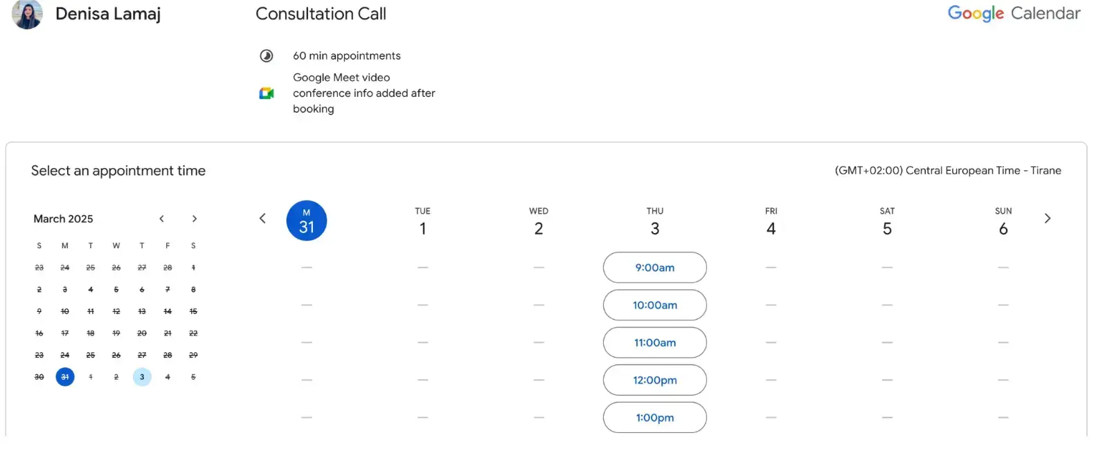 Book time with google calendar