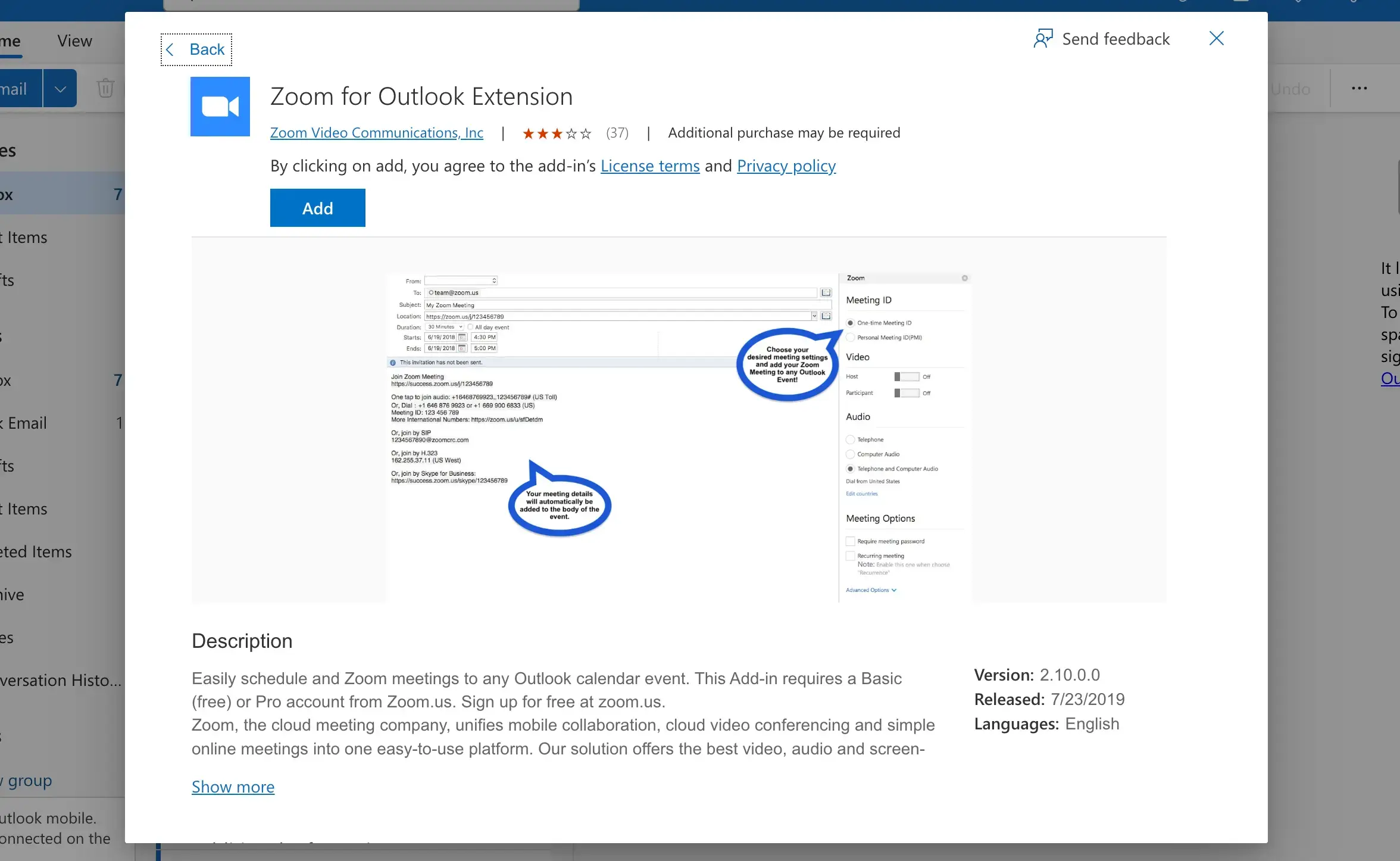 Zoom for Outlook extension