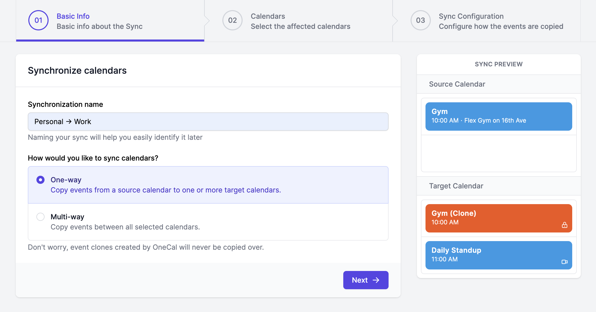 OneCal UI - Sync Direction