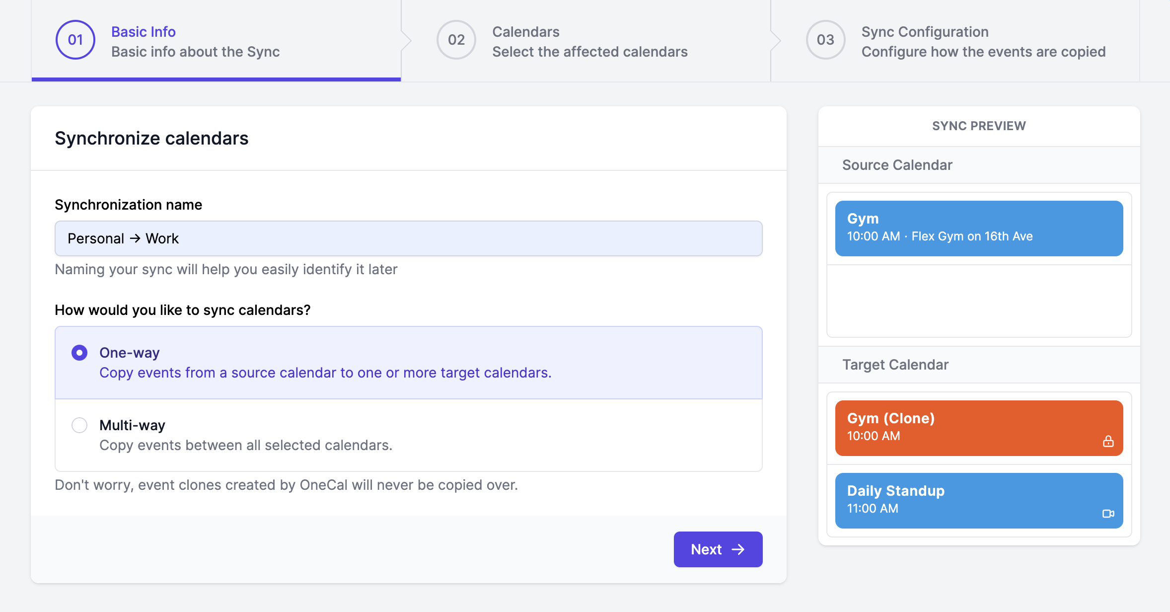 OneCal Calendar Sync - choose the sync direction