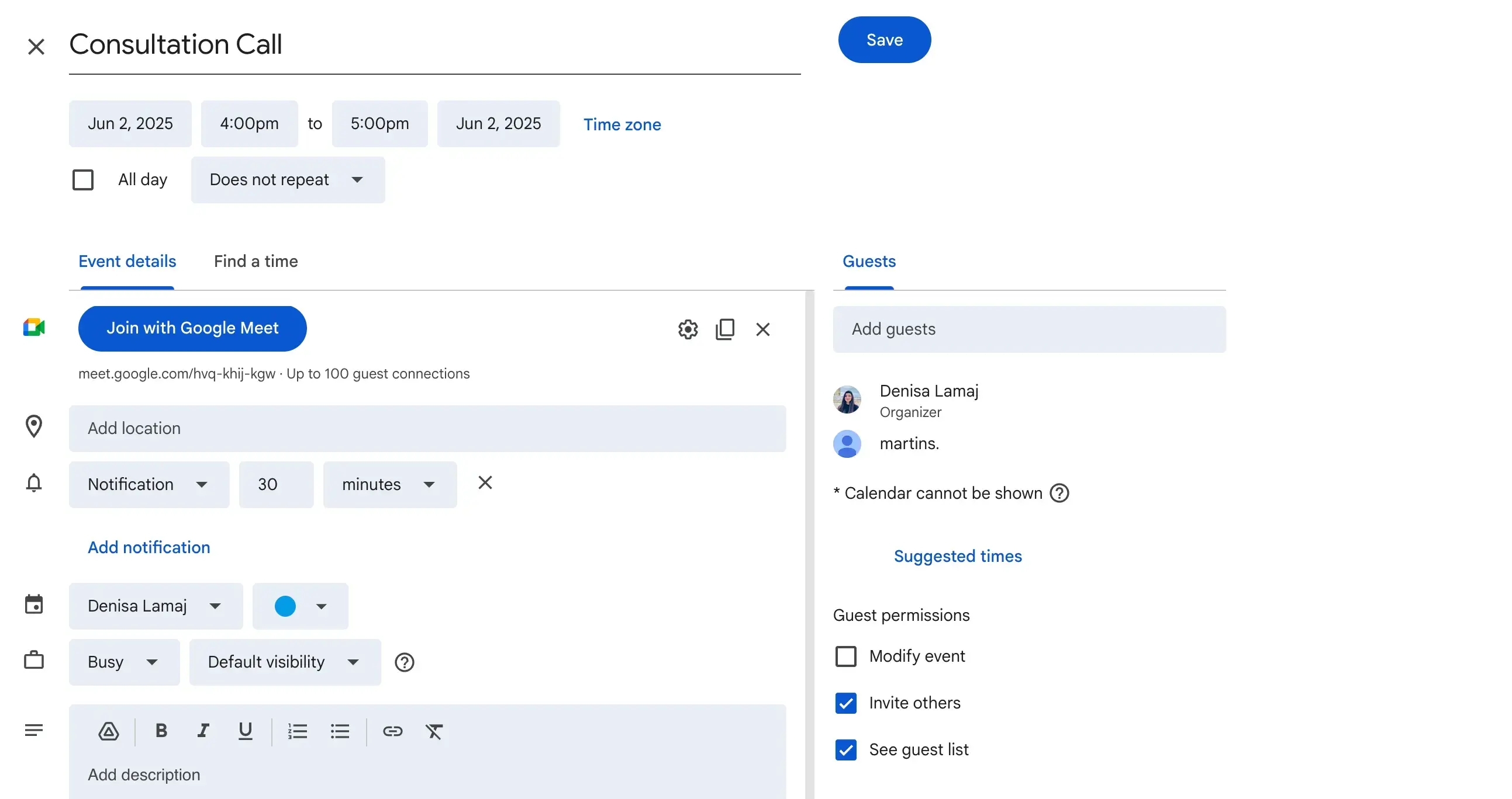 Create event Consultation call google calendar