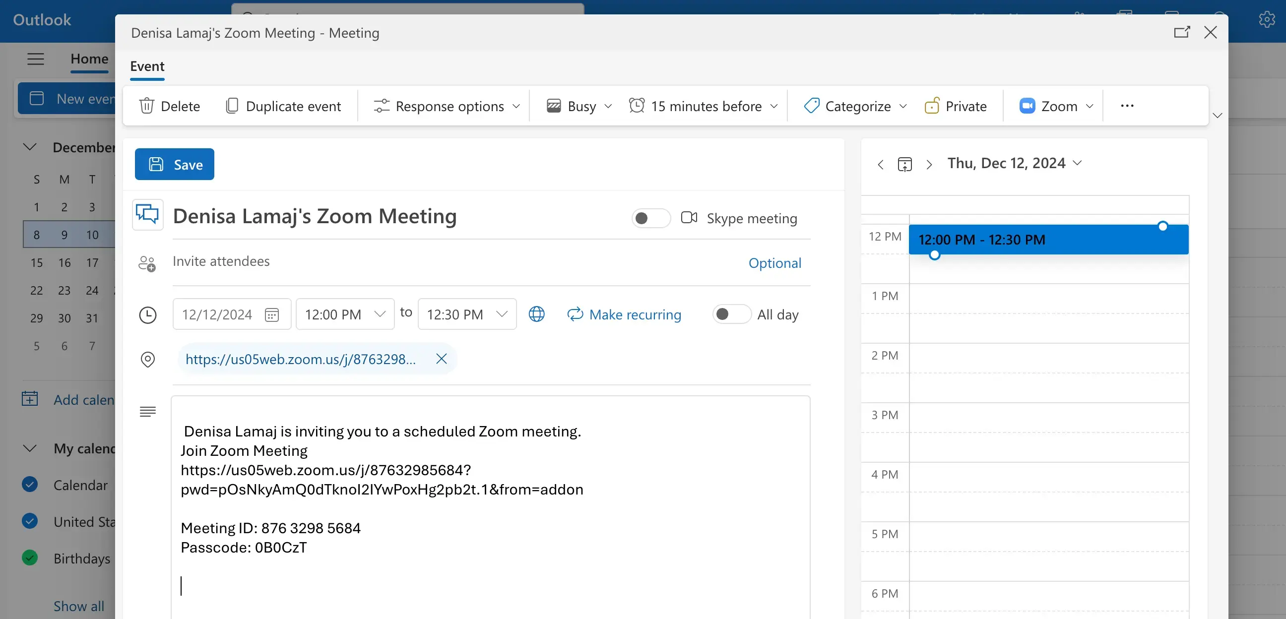 Zoom Meeting Settings in Outlook