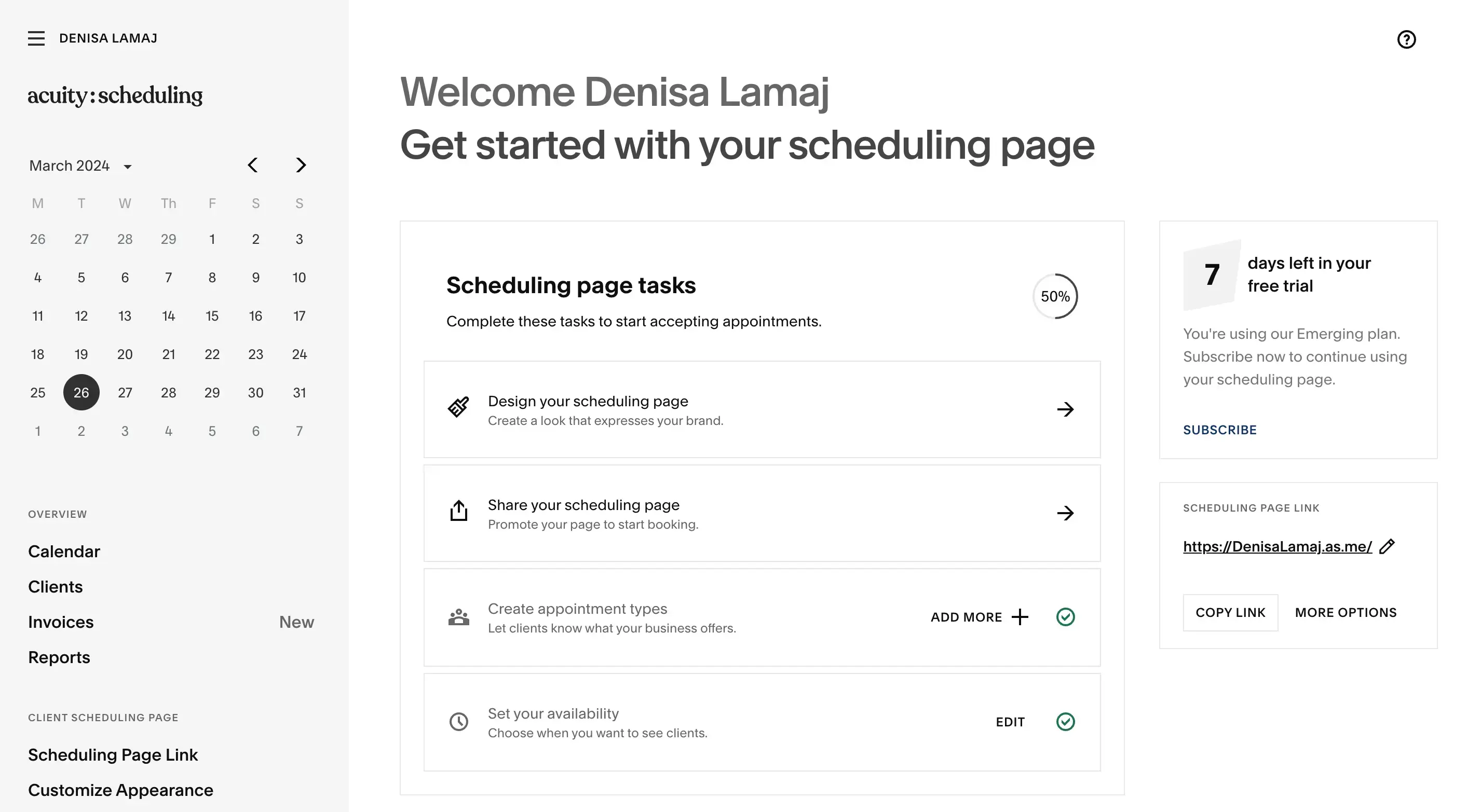 Acuity Scheduling dashboard UI