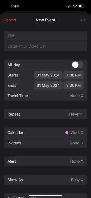 Apple Calendar iPhone - fill in the meeting details