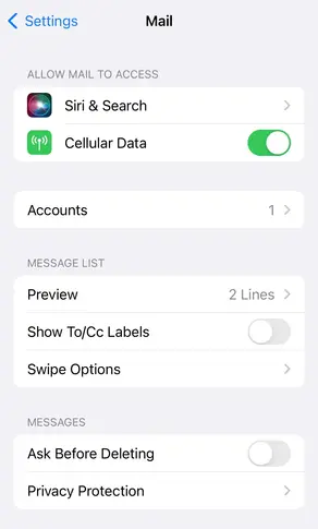 Settings app iphone - Mail