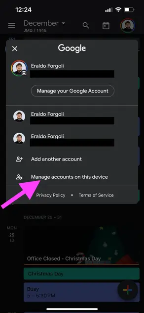 Google Calendar iOS - Click Manage accounts on this device