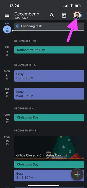 Google Calendar - profile picture on the top-right of the app