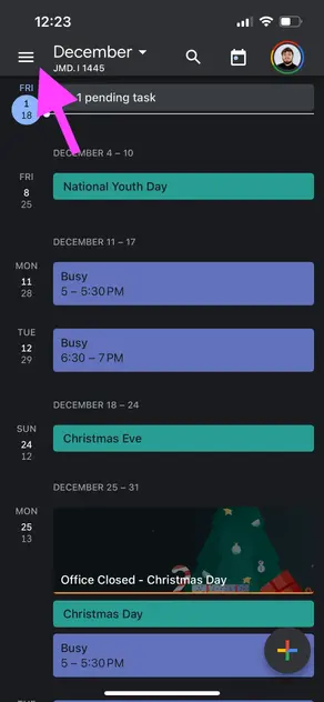 Google Calendar iOS - click the hamburger icon