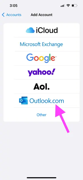 iPhone Settings - Click 'Outlook.com'