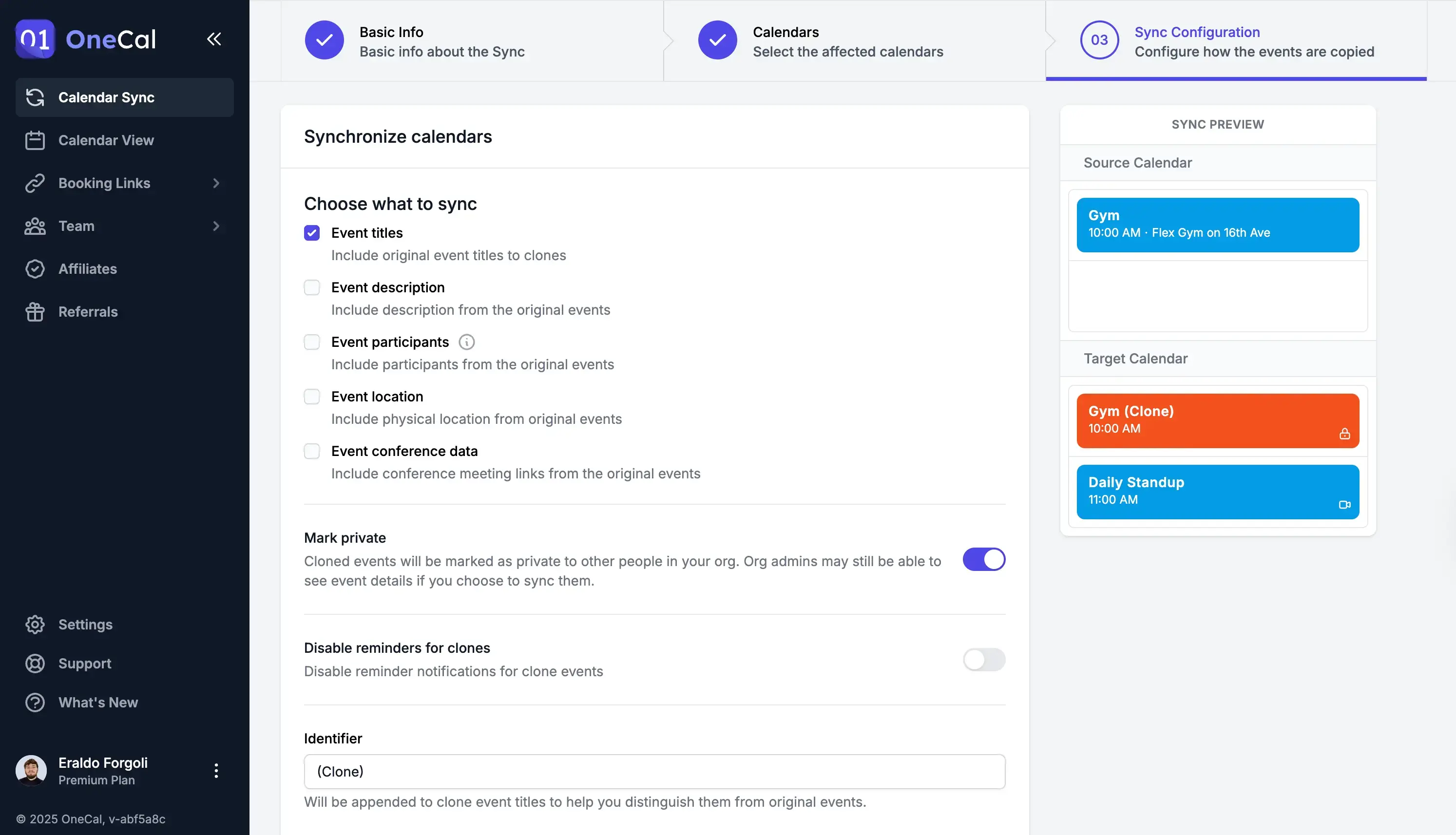 OneCal - Choose event properties to sync