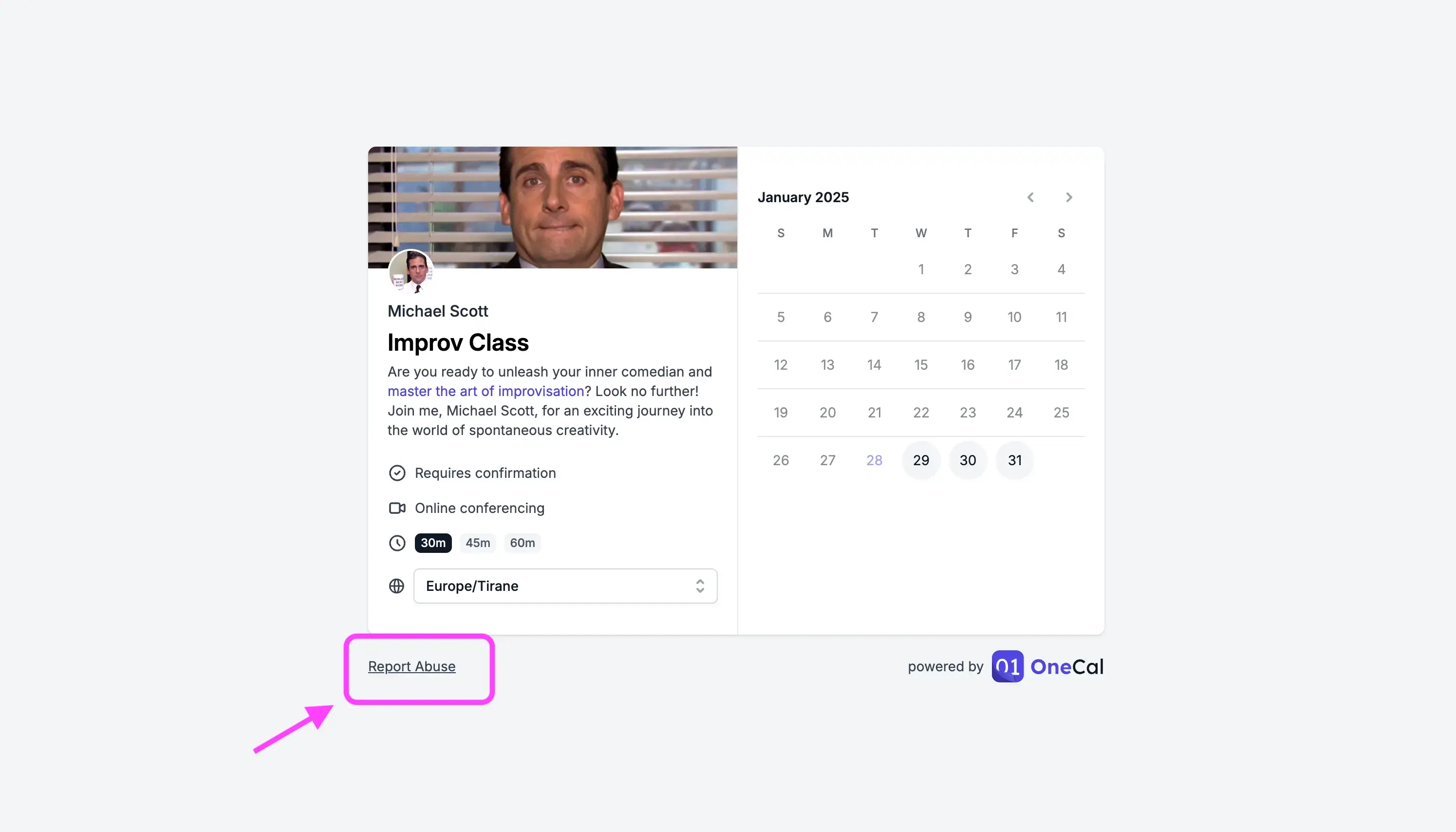 OneCal - Report Abuse on Booking Link
