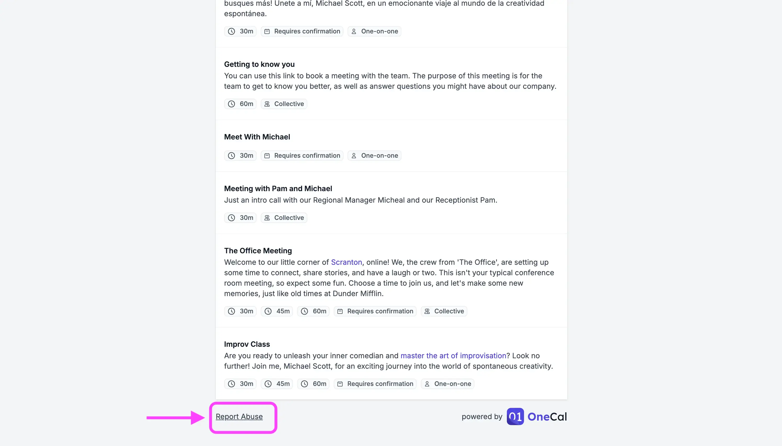 OneCal Report Abuse on Booking Page