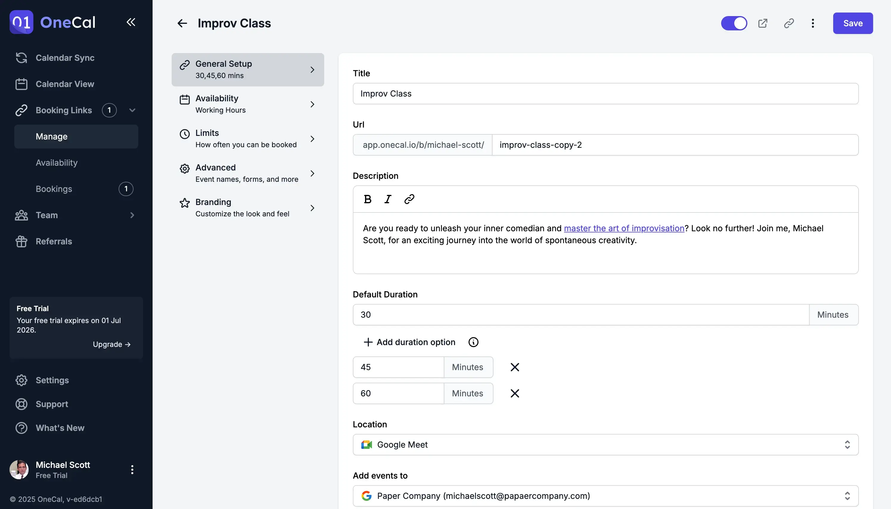 OneCal Scheduling Links Settings