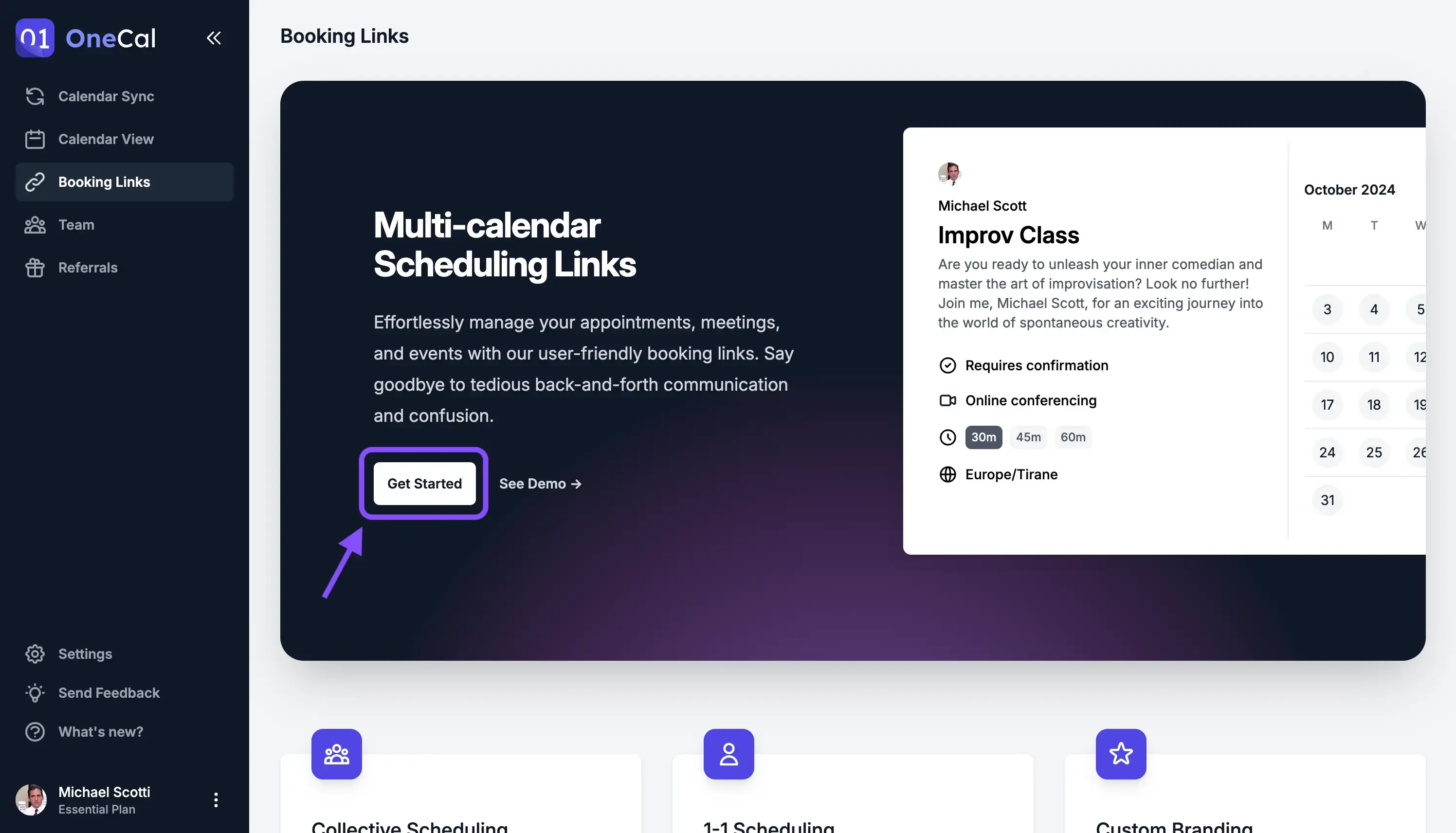 OneCal - Get Started On Booking Links