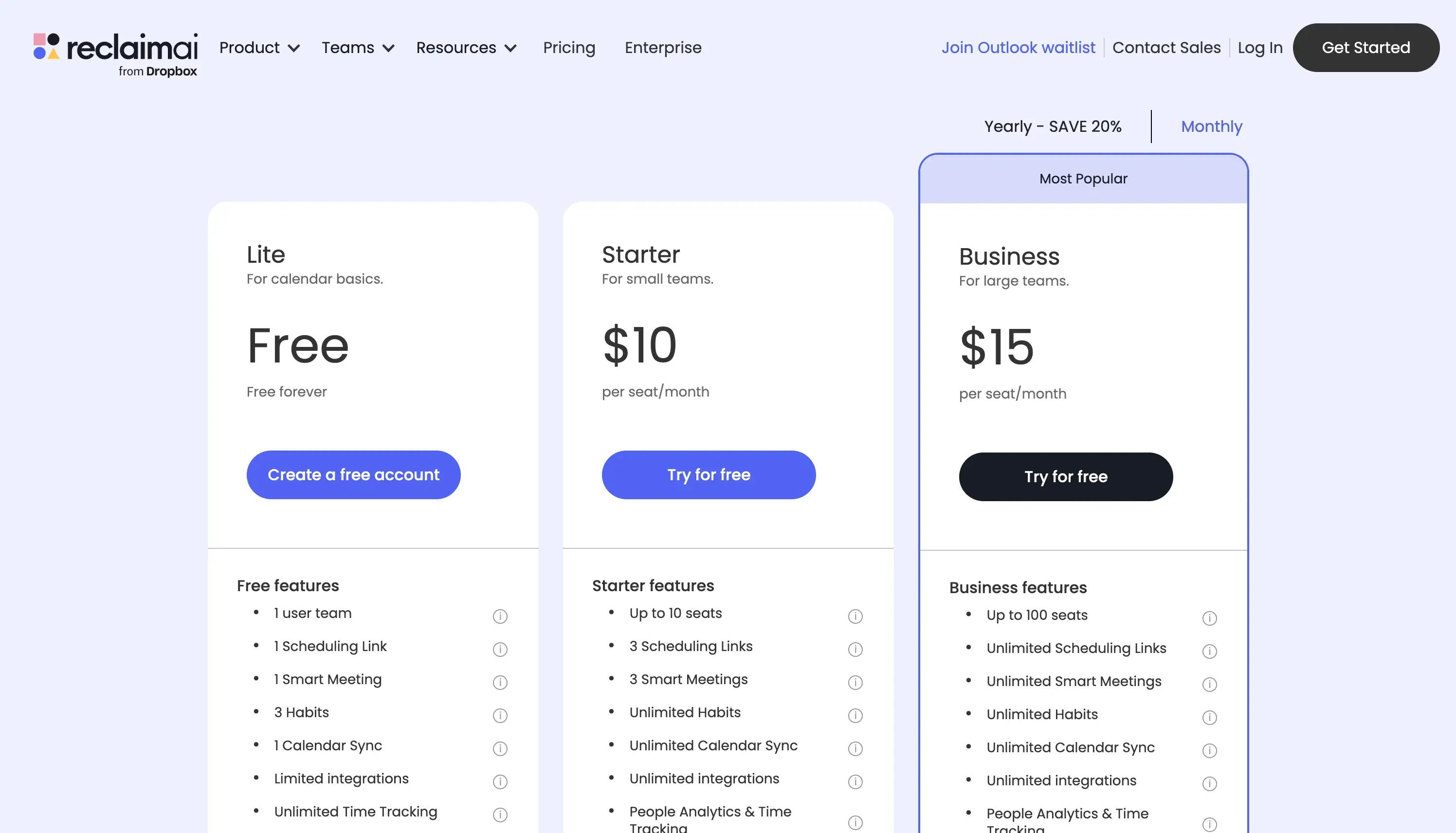 Reclaim AI Pricing Page