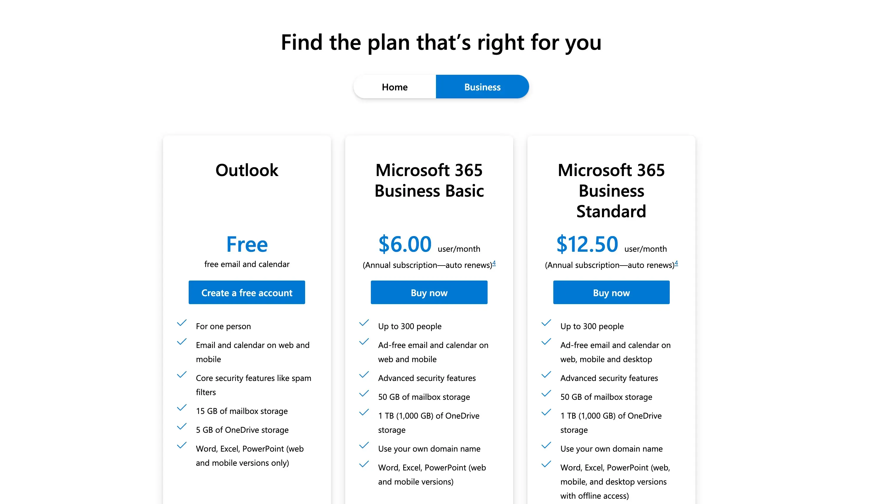 Outlook Pricing Page