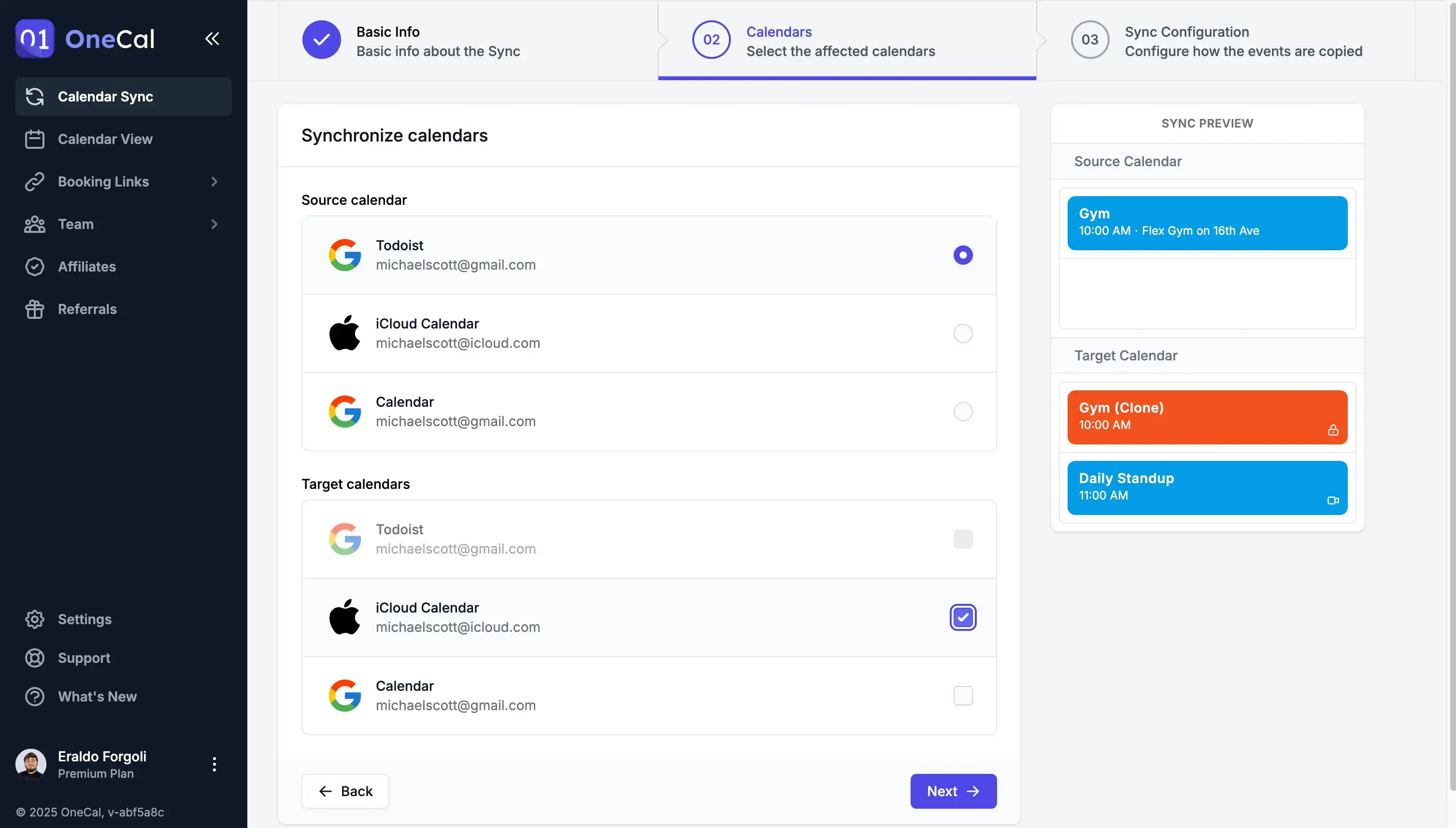 OneCal - Select source and target calendars