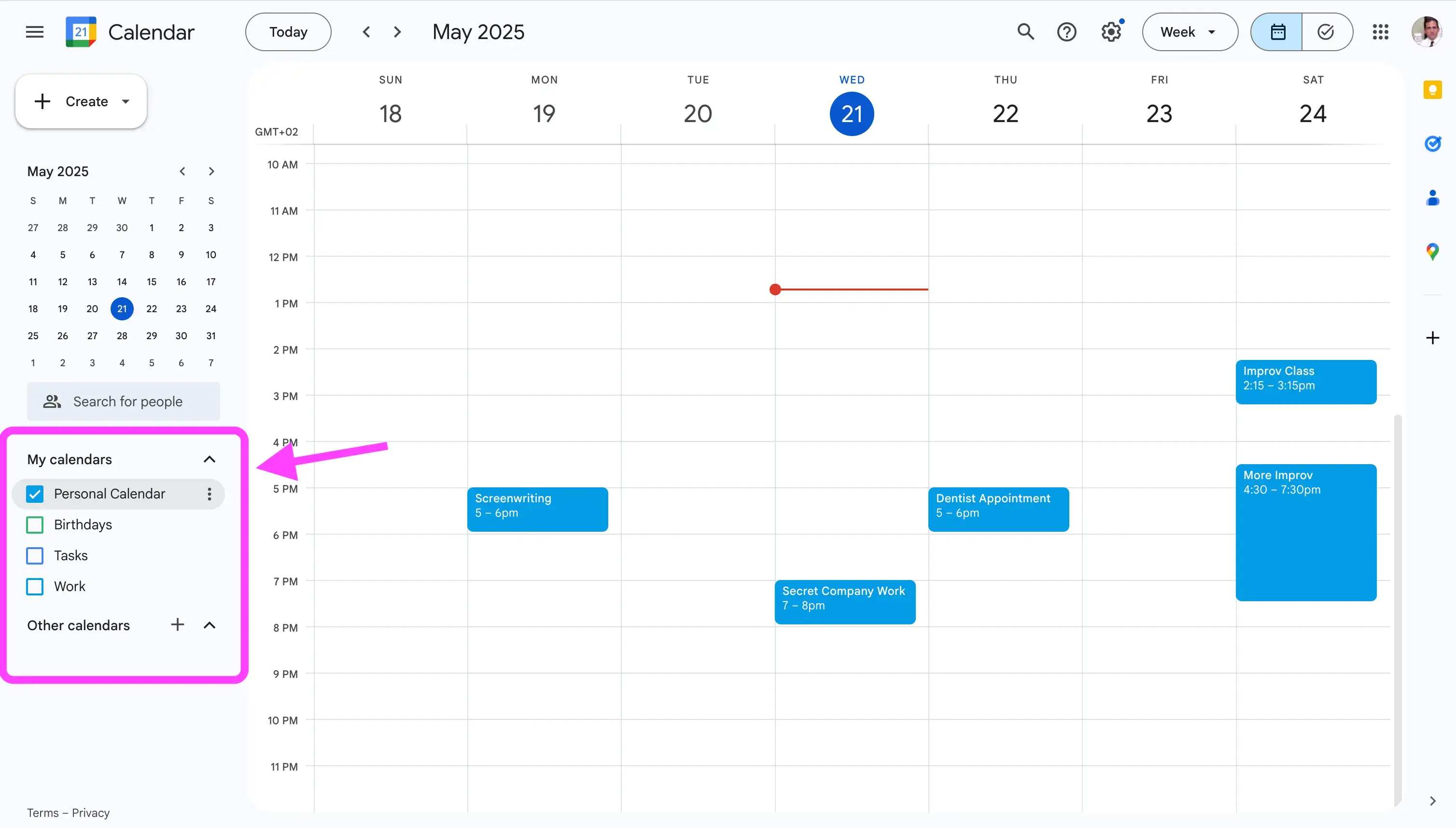 Google Calendar -  Calendars Section