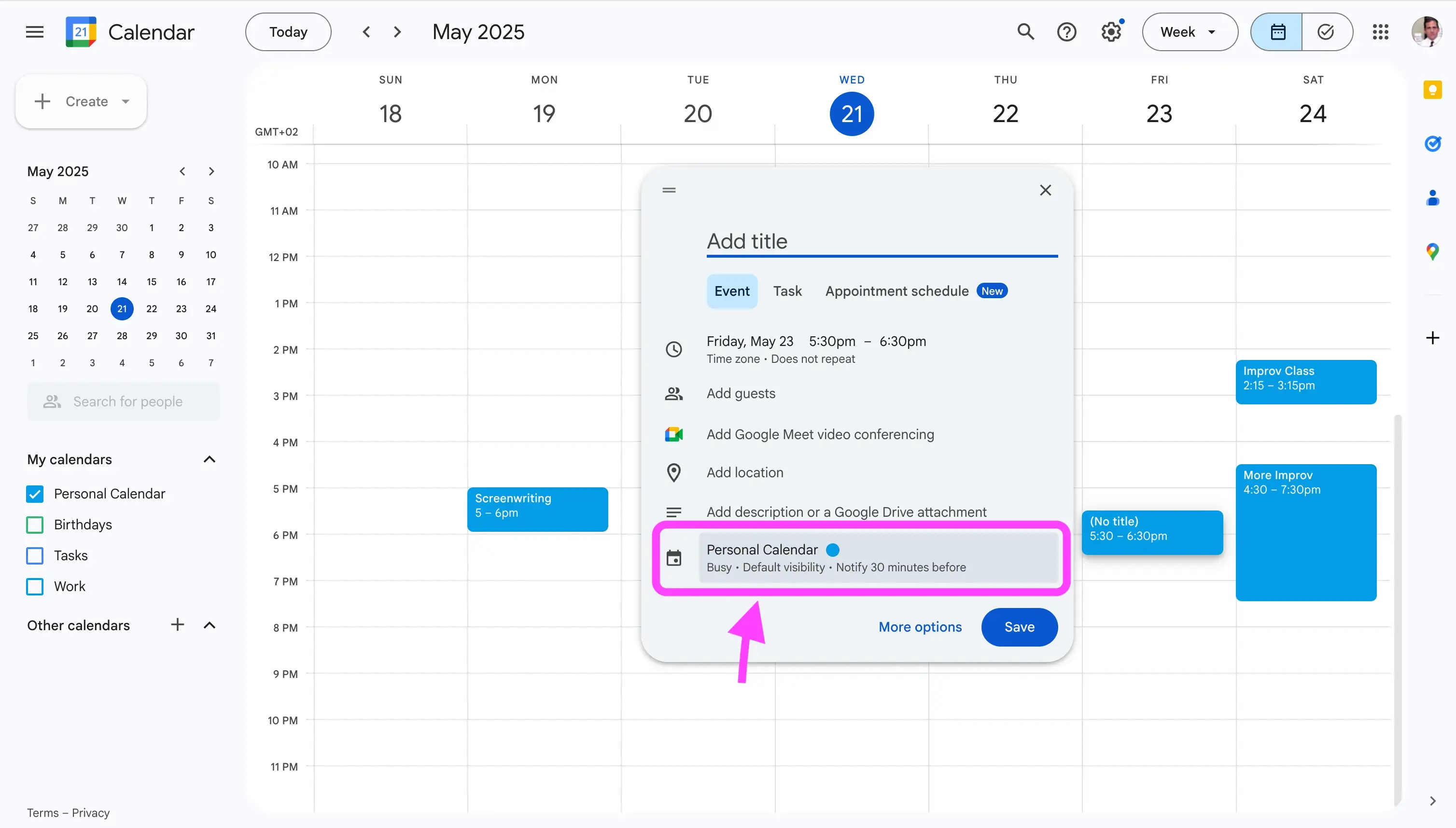 Create event - select calendar