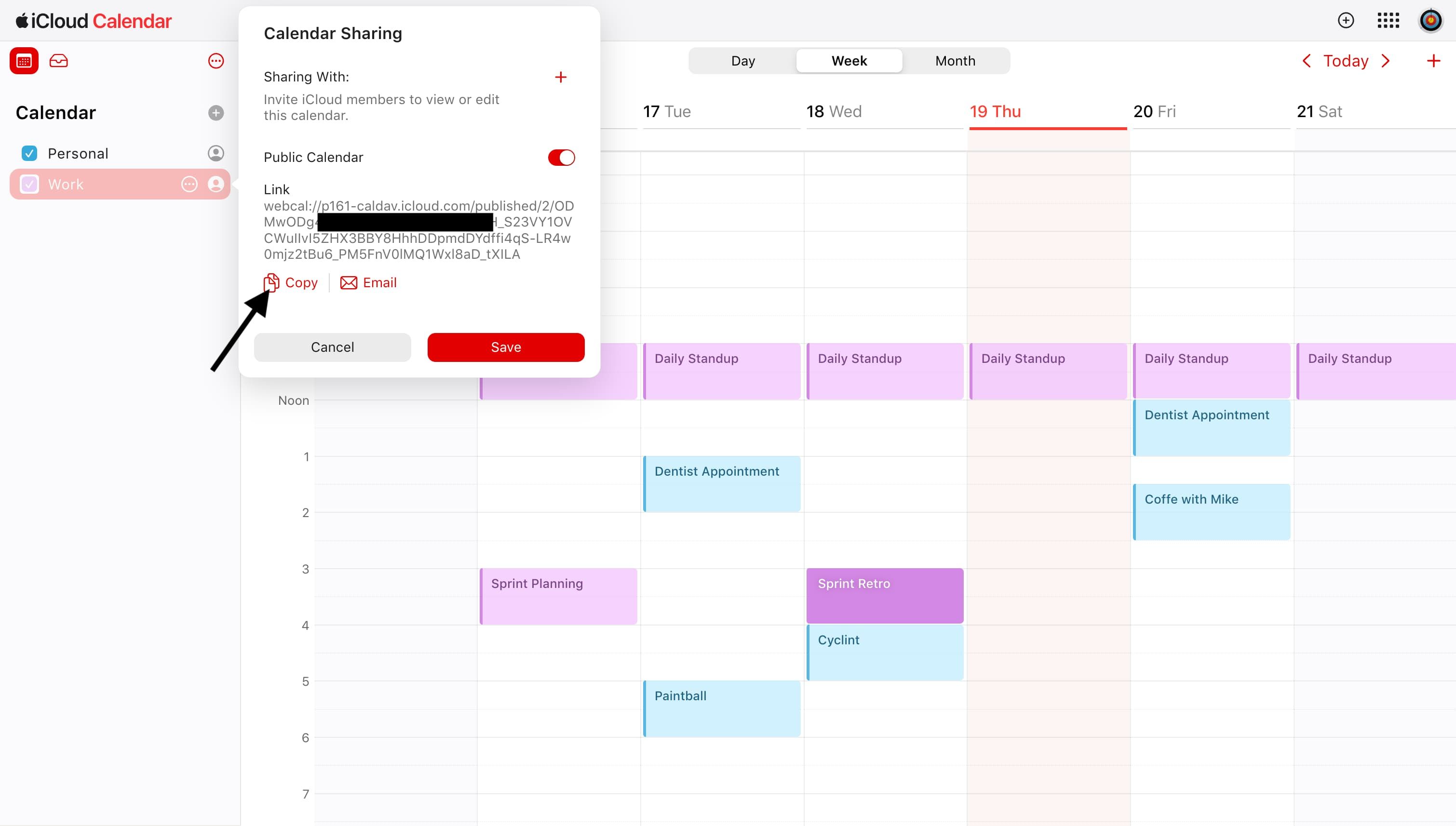 Apple Calendar - Copy the Webcal URL generated when toggling the Public Calendar toggle