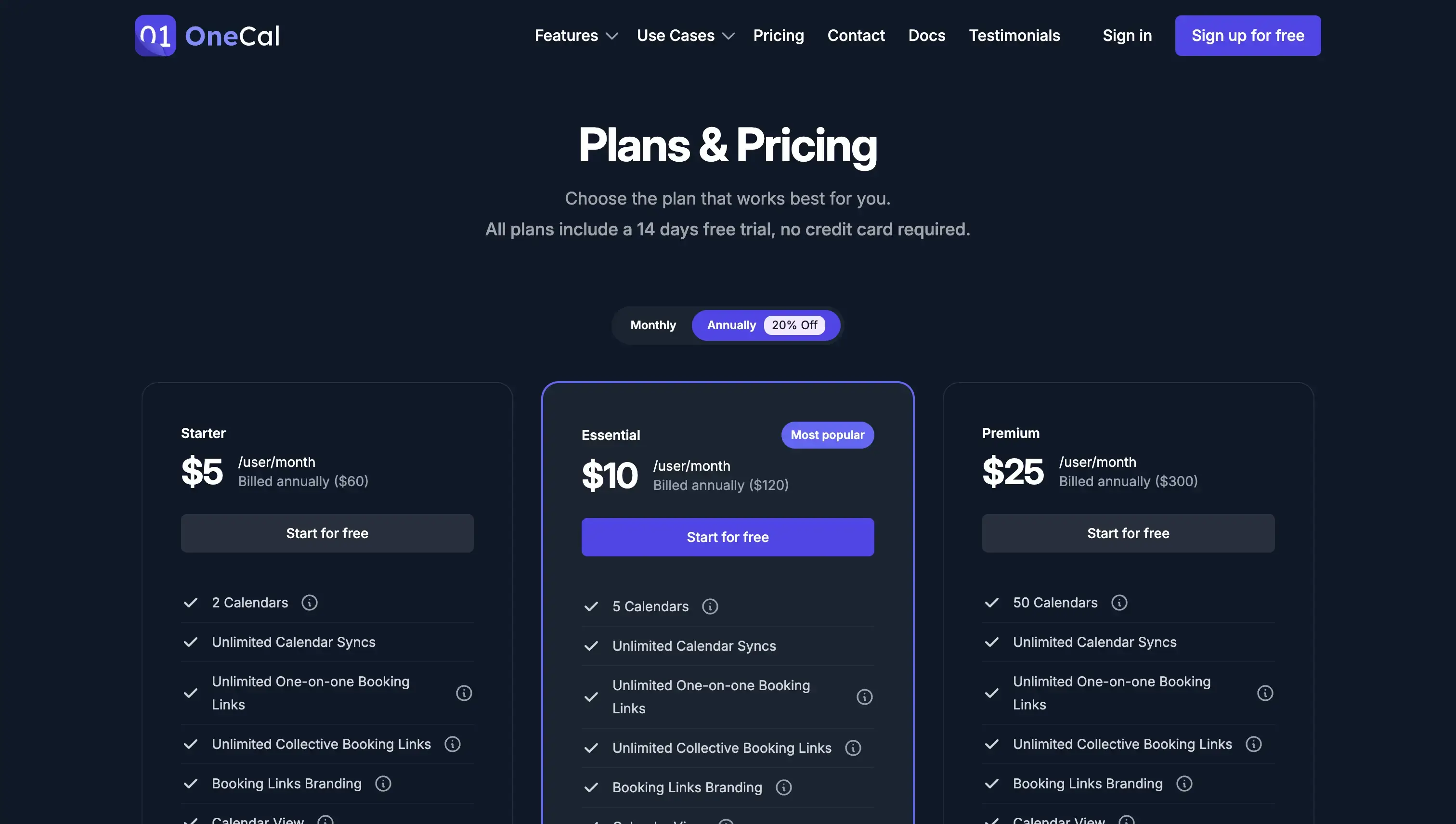 OneCal Pricing Page