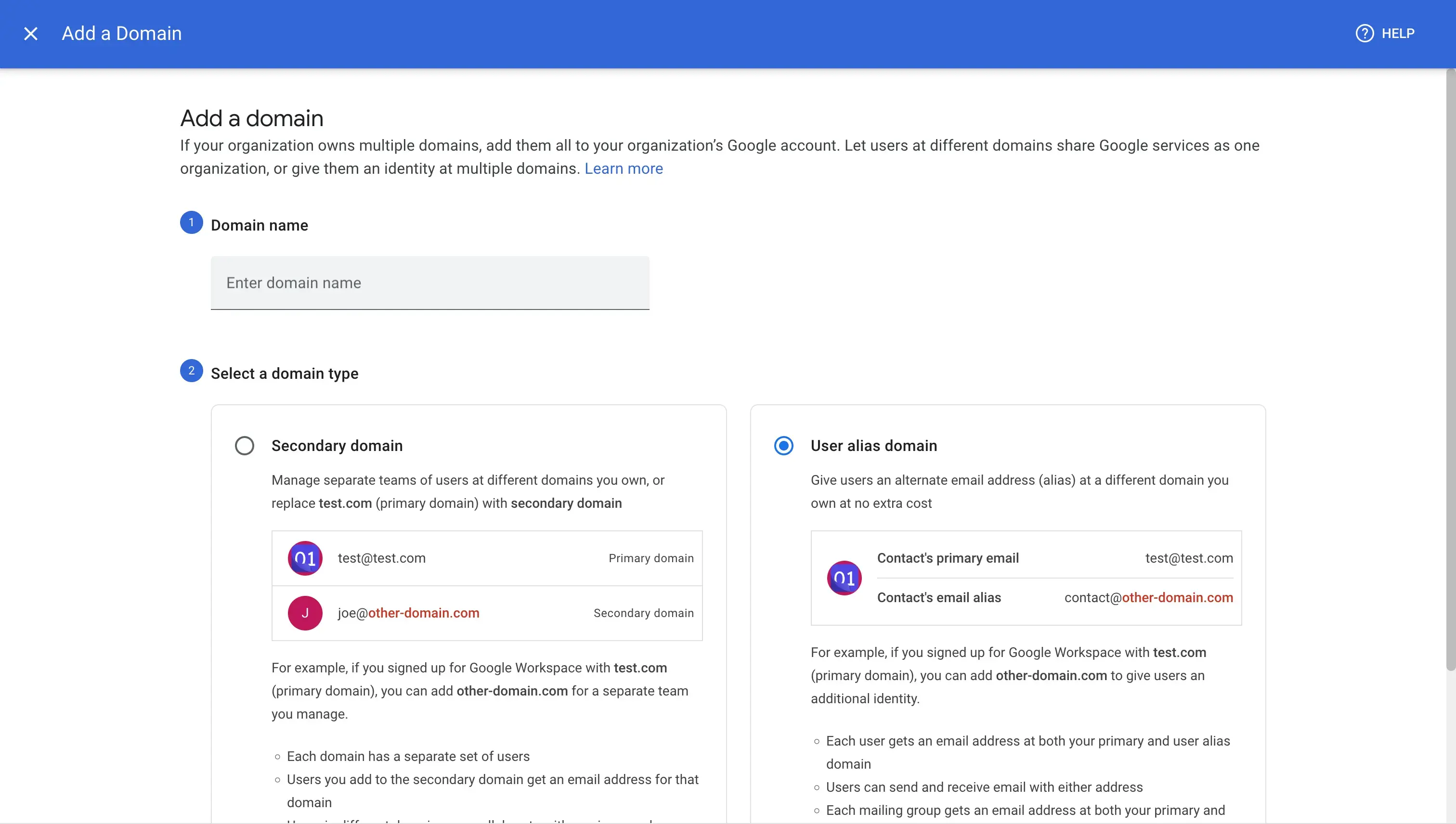 Google Workspace Admin - Add Domain UI