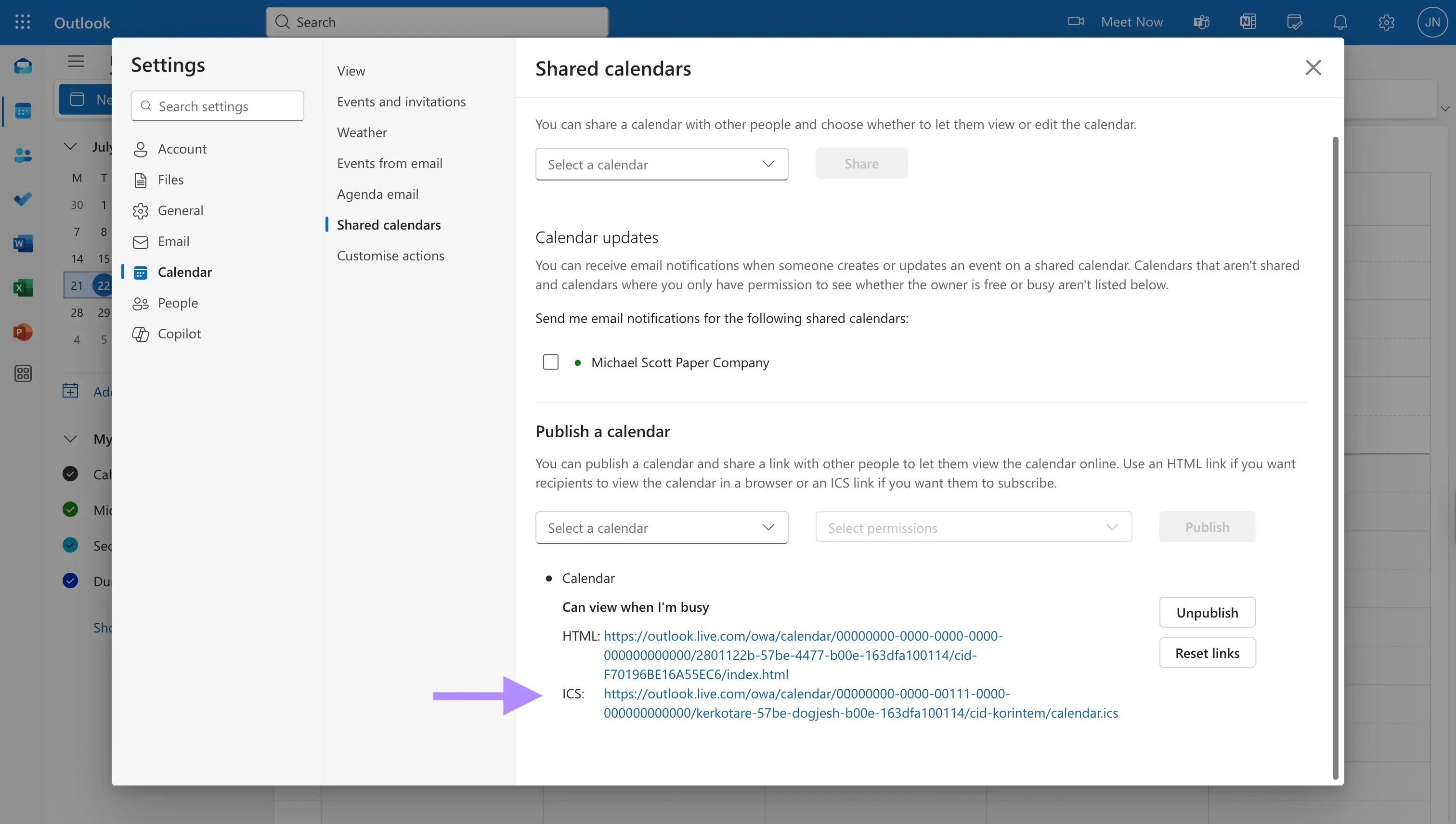 Outlook - Copy the .ics URL