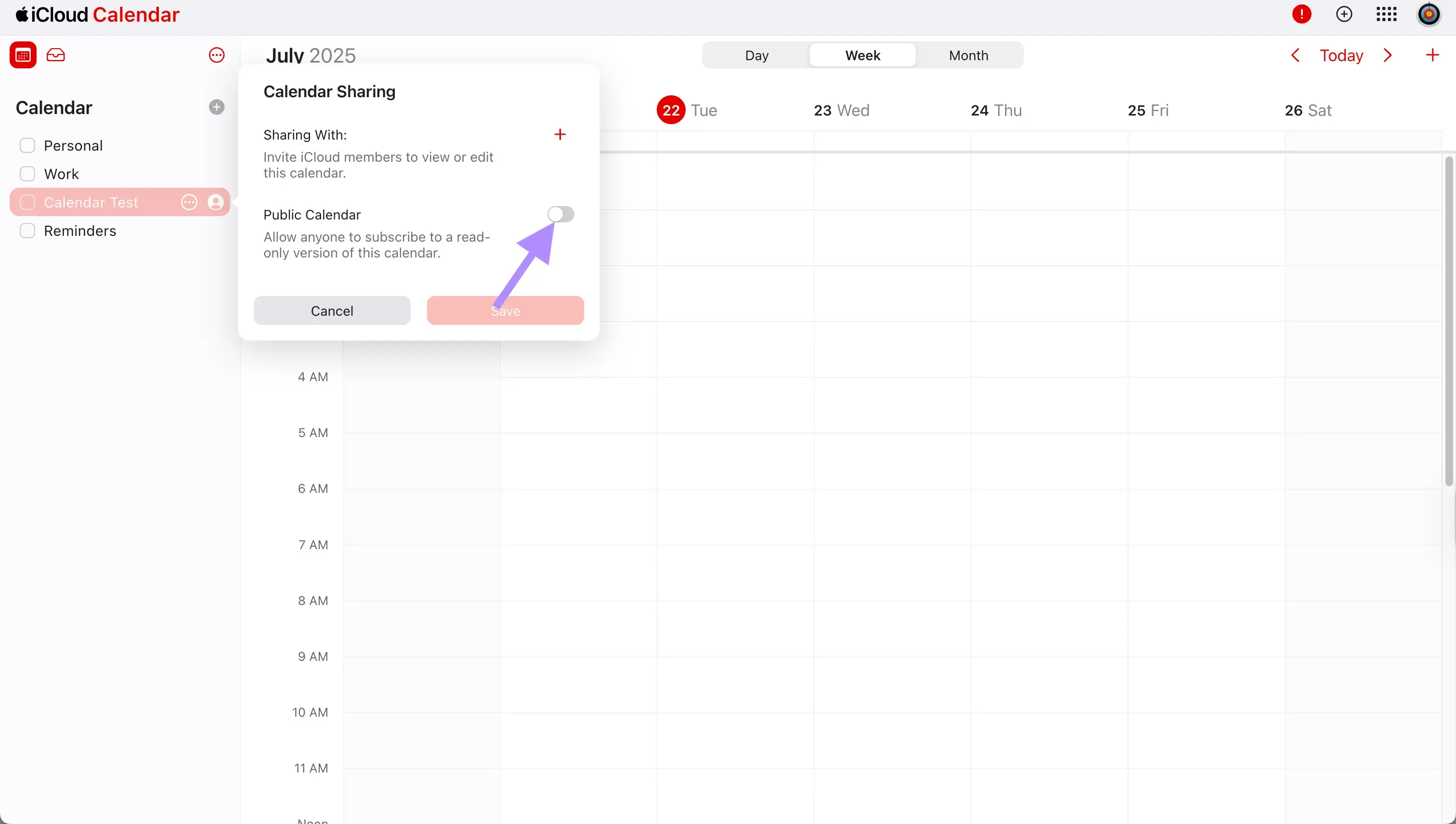iCloud Calendar - Toggle the Public Calendar switch