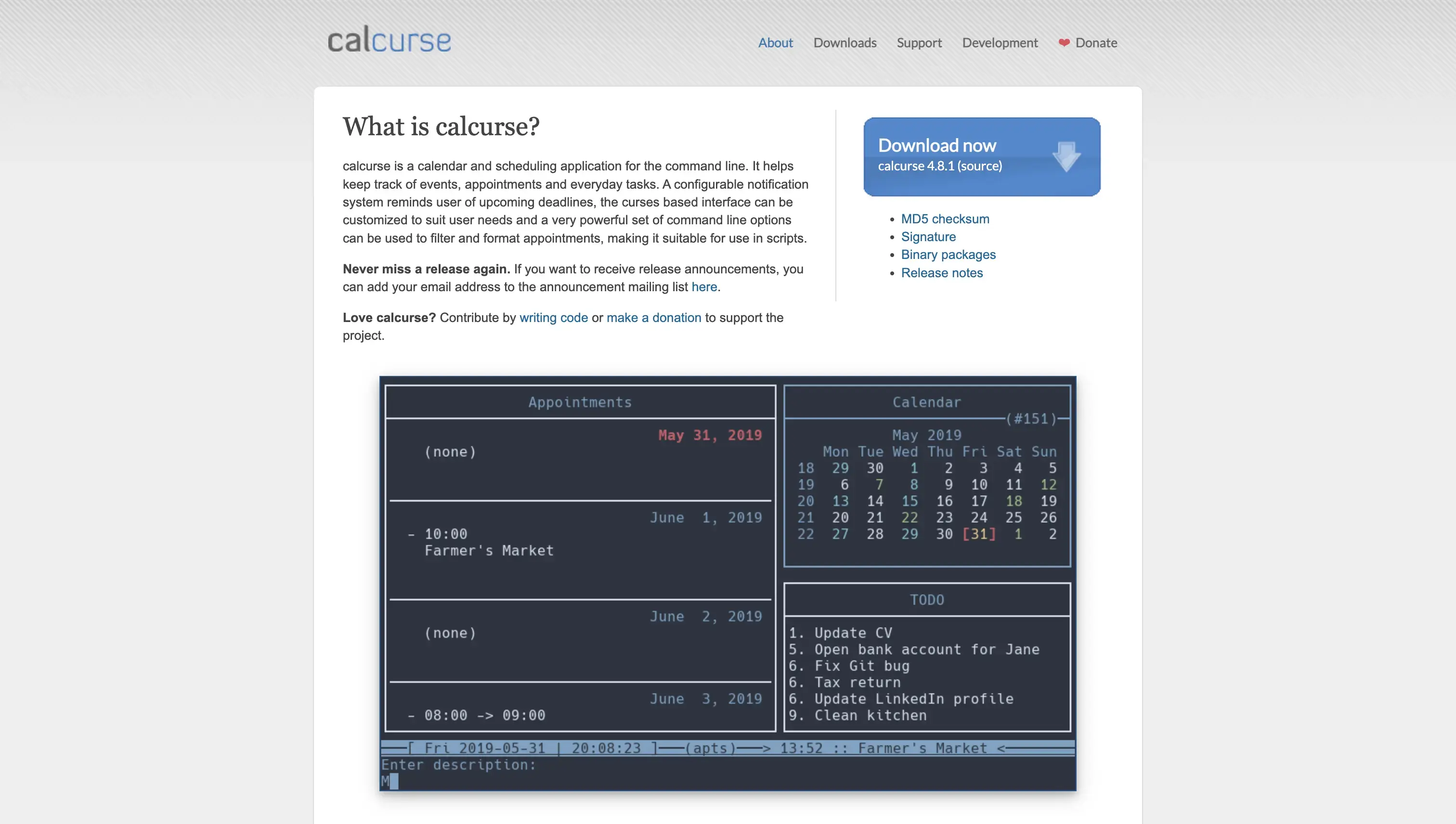 Calcurse landing page