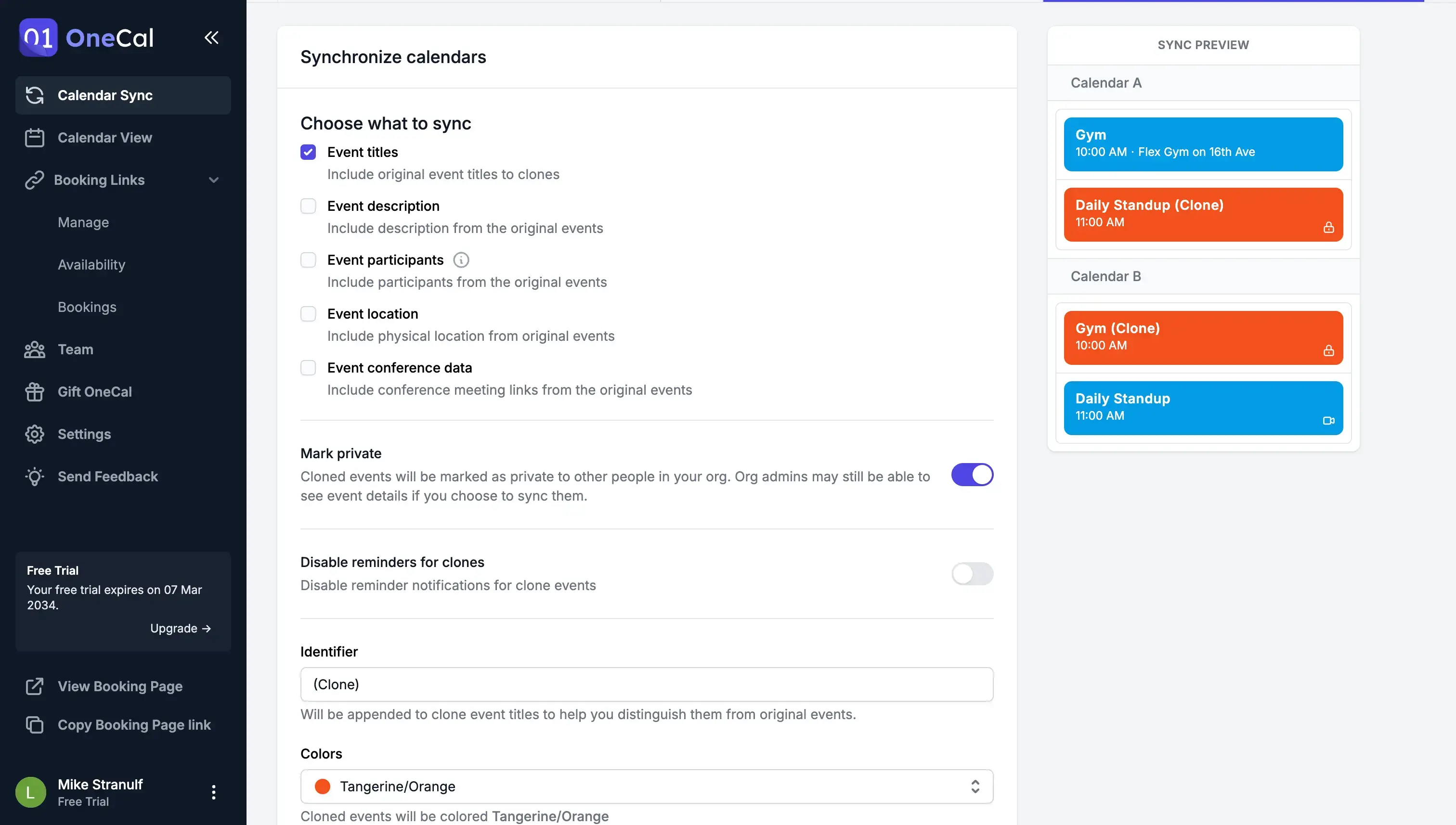 OneCal select the sync options/privacy