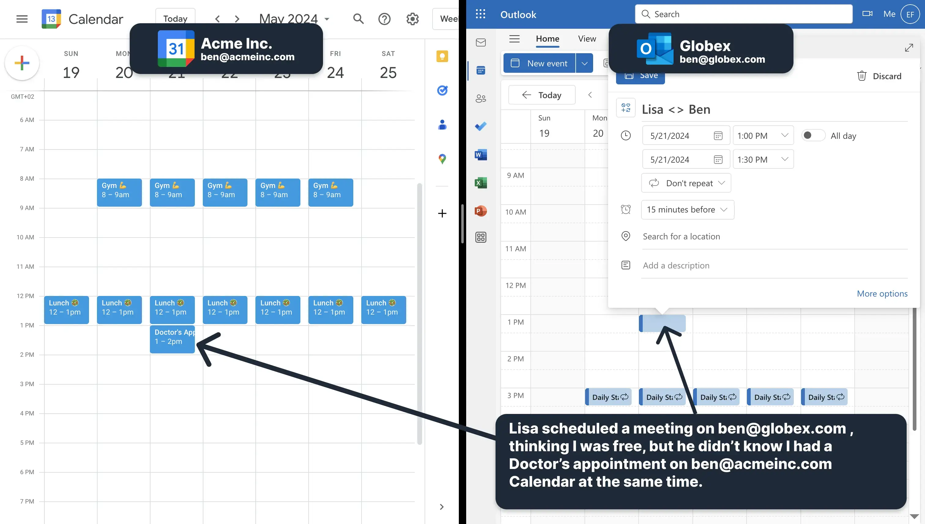 Double booking due to Outlook not being in sync with Google Calendar