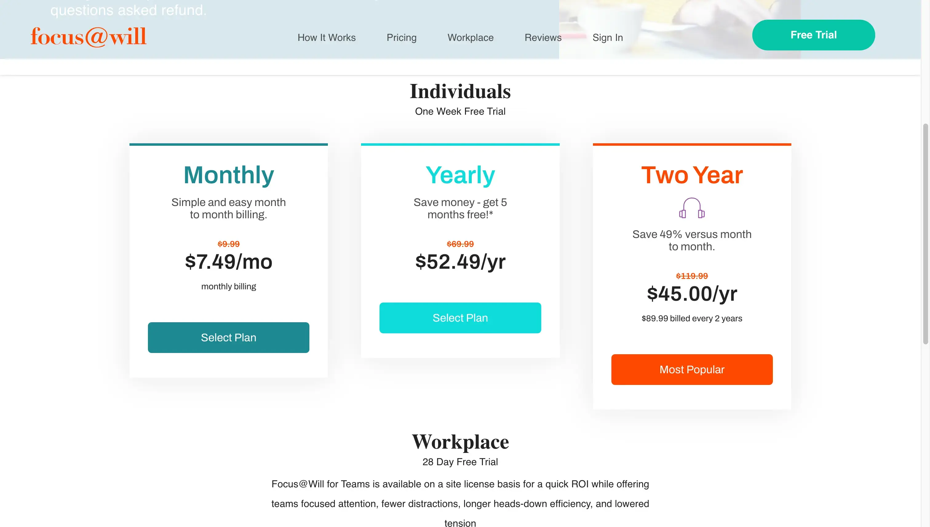 Focus@Will pricing page