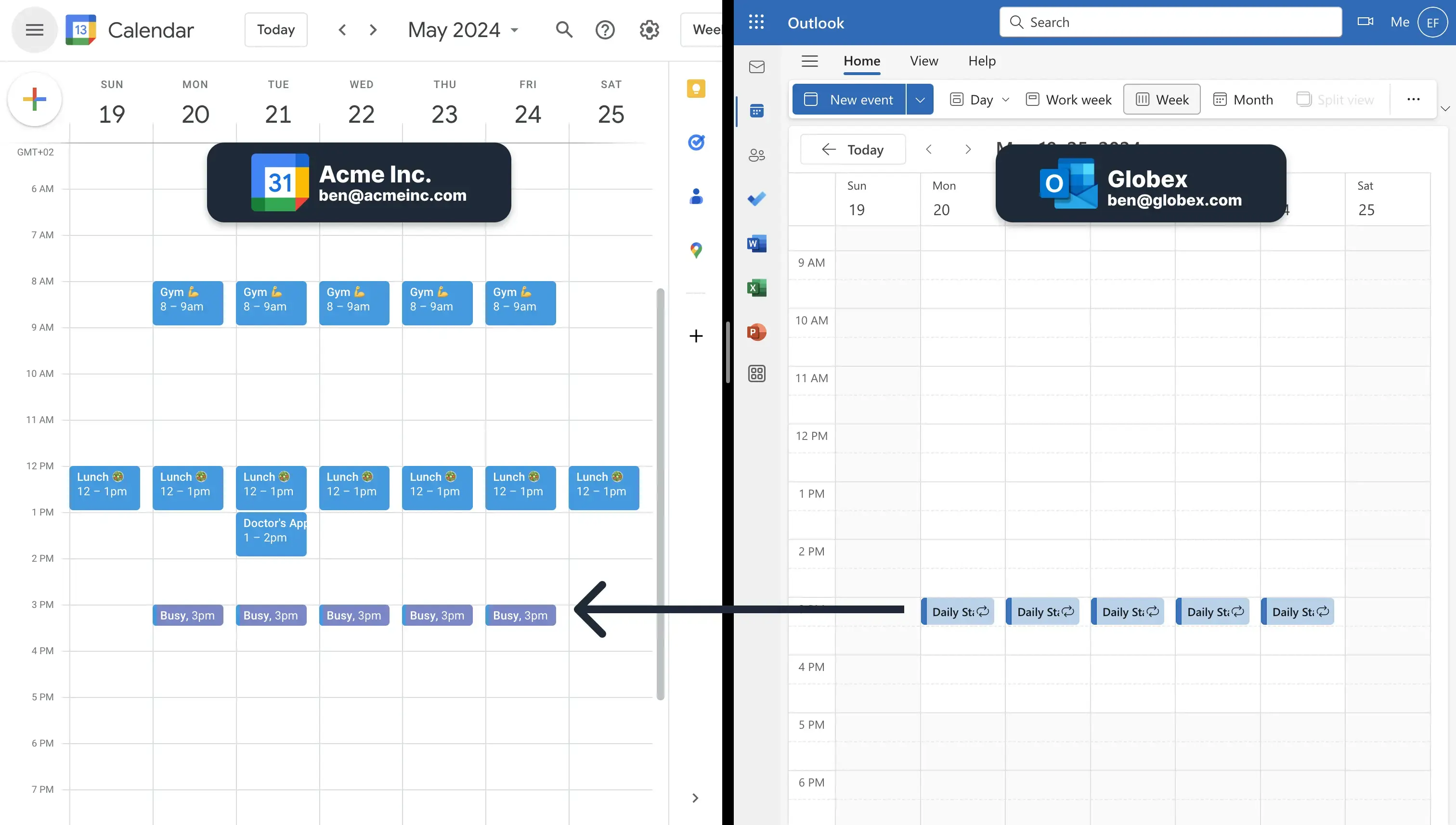 Copied Outlook events to Google Calendar