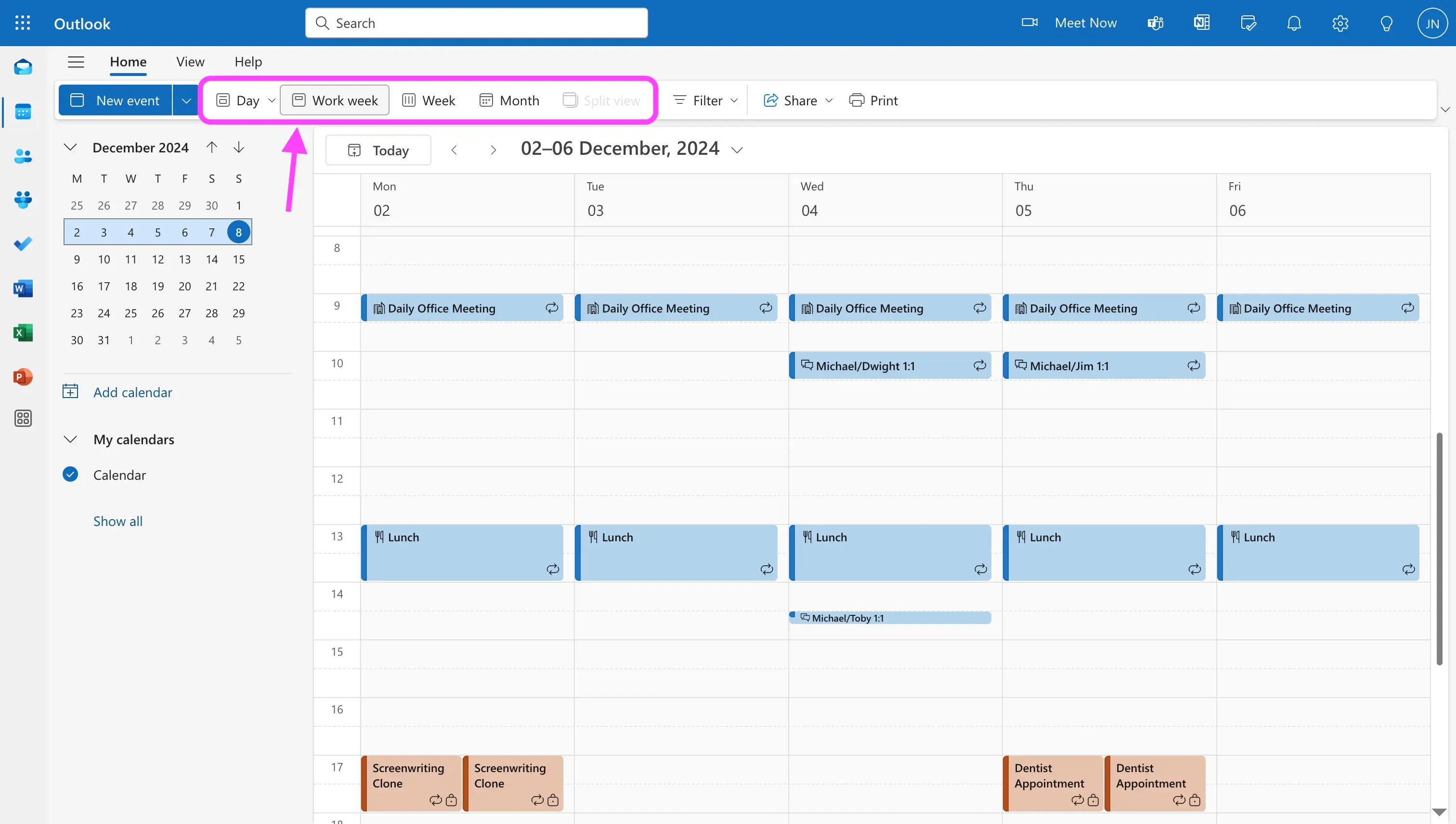 Outlook - select the calendar view to print