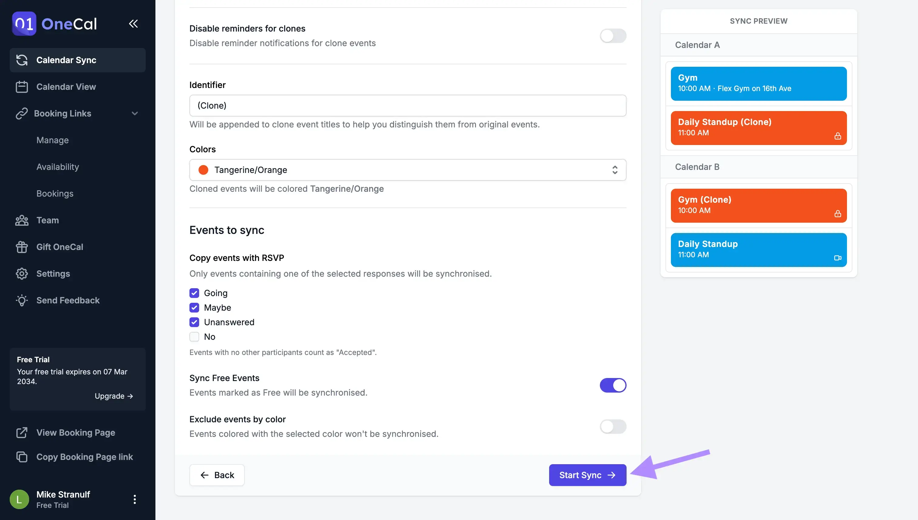 OneCal Dashboard - Click start sync