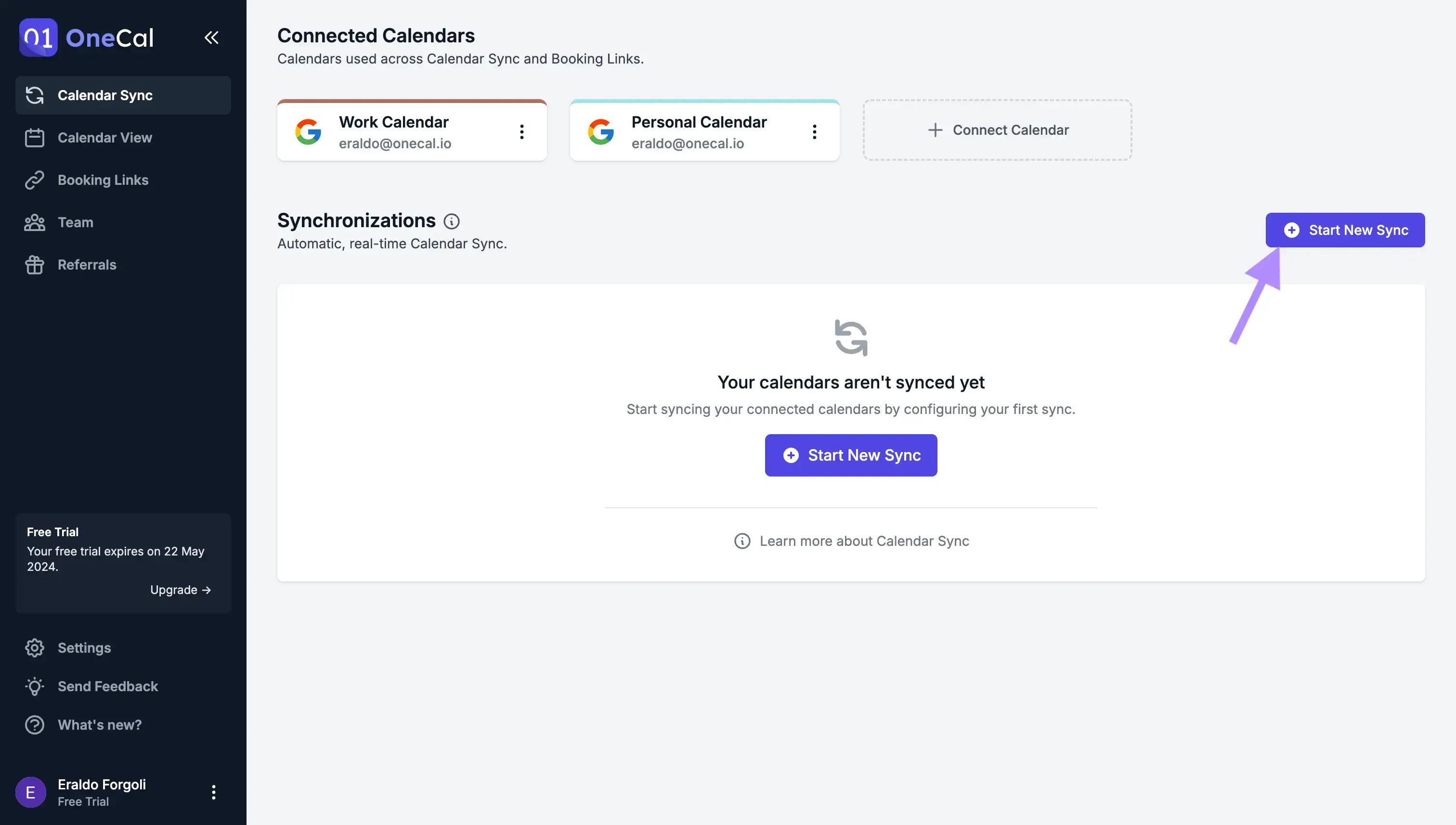 OneCal - Click Start New Sync