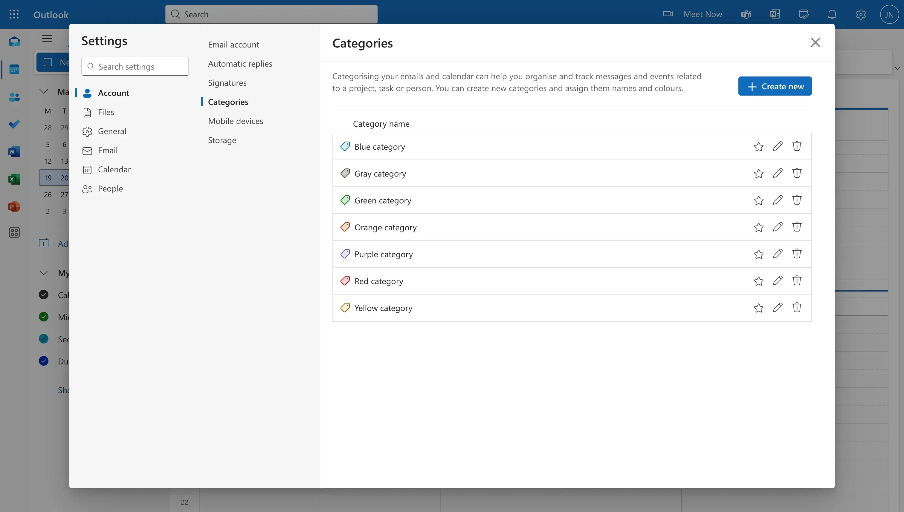 Outlook - Account - Categories