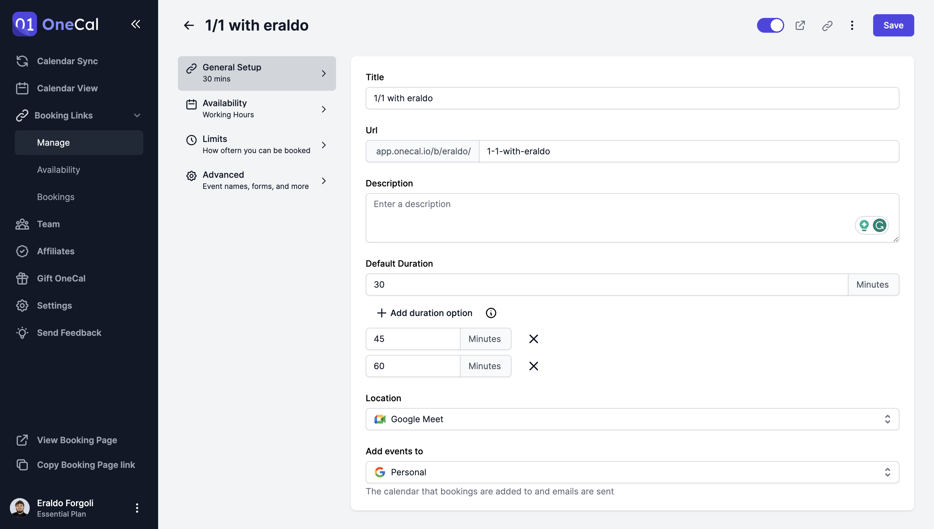 OneCal Scheduling Links Setup