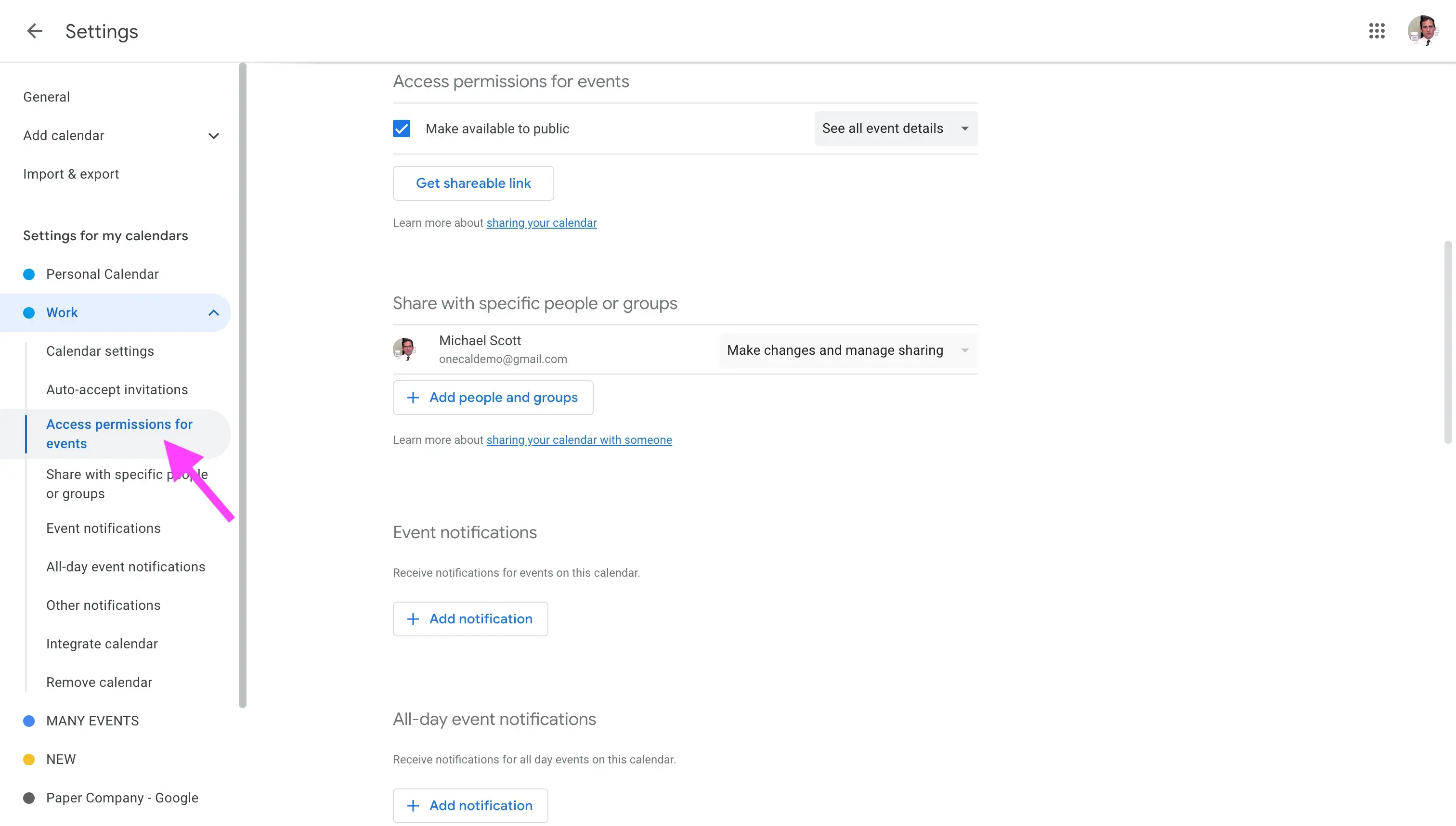 Google Calendar - Access Permissions for events