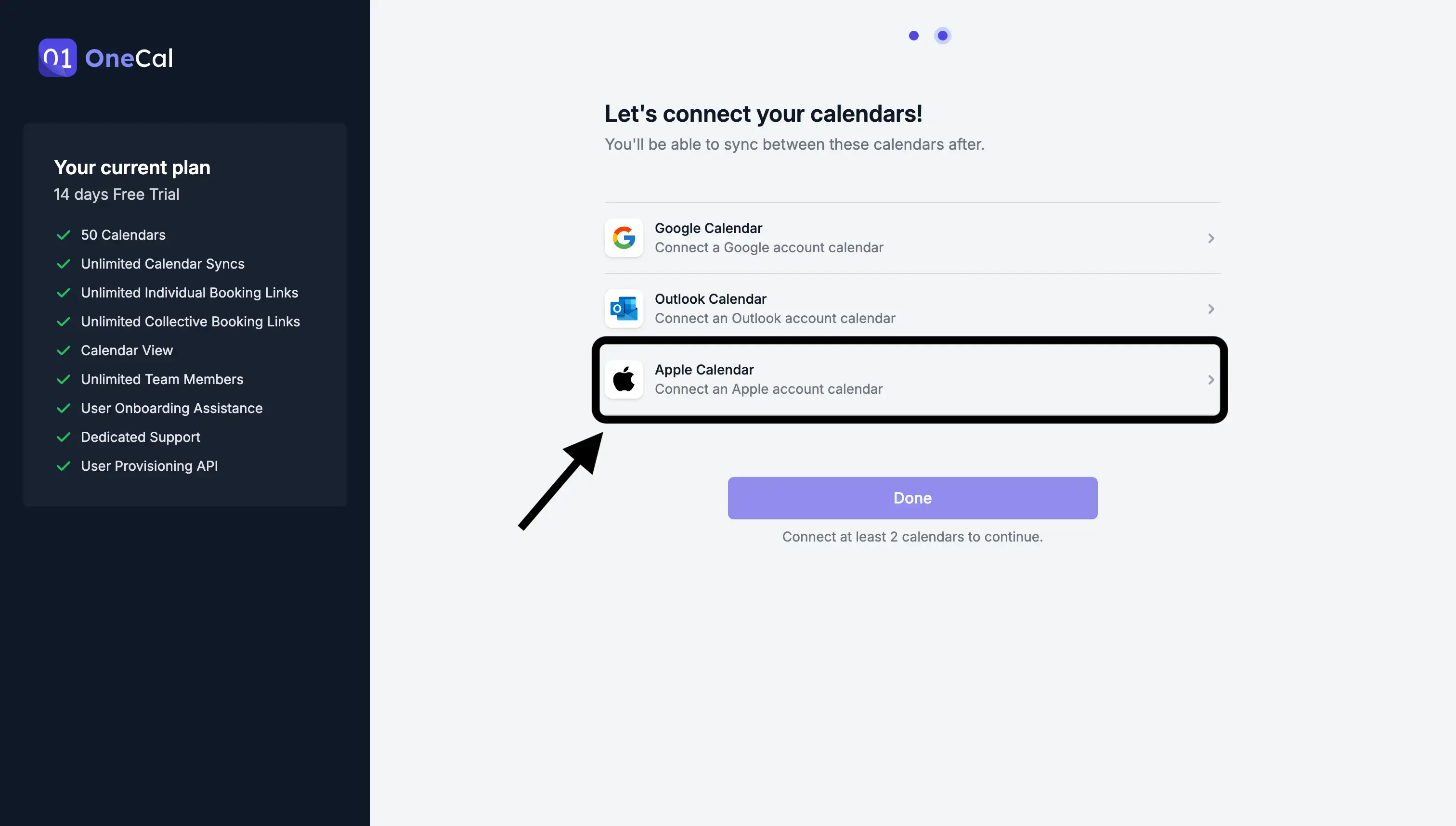 OneCal onboarding - connect icloud calendars