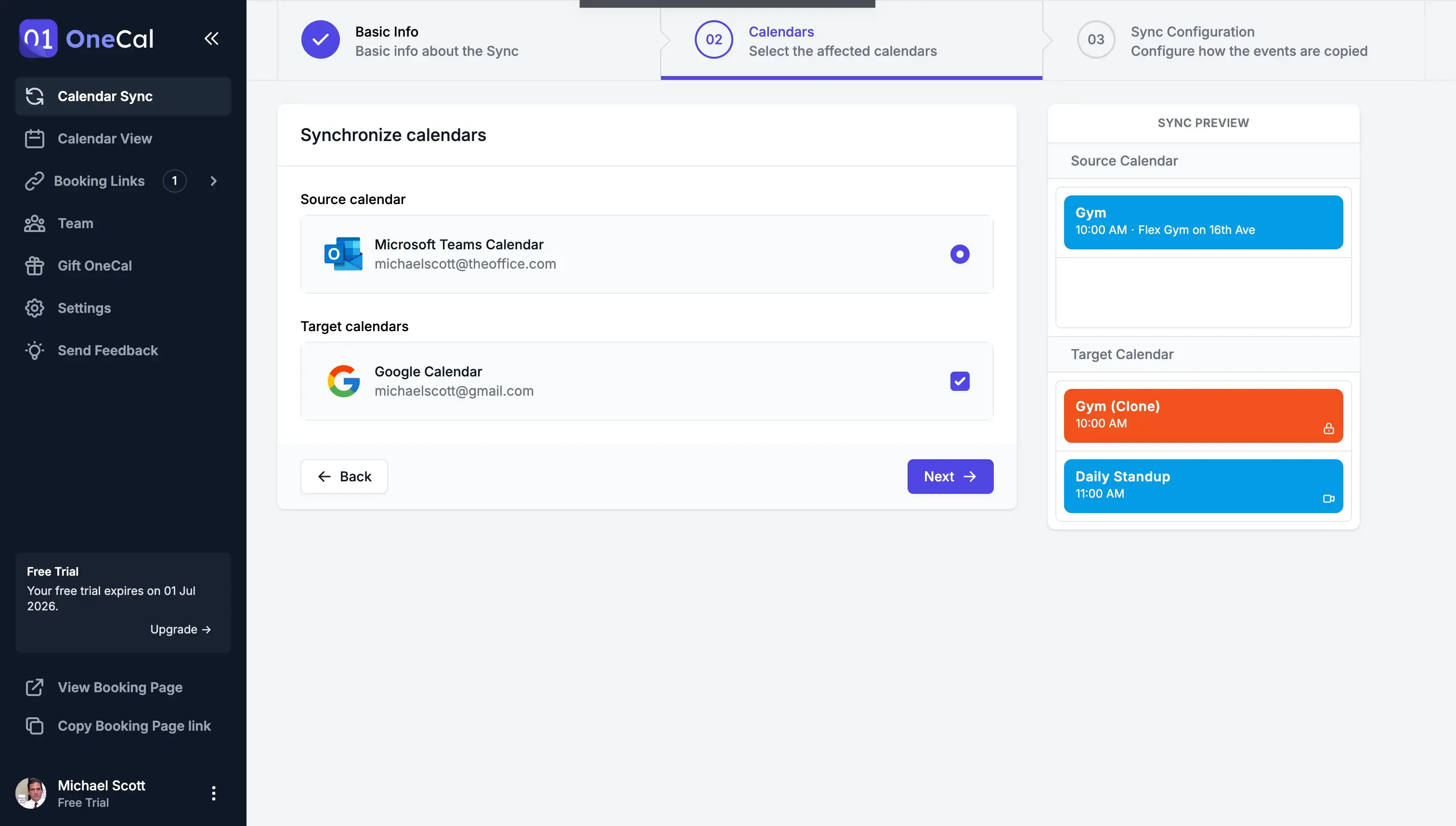 OneCal Dashboard - Select the Microsoft Teams and Google Calendar to sync