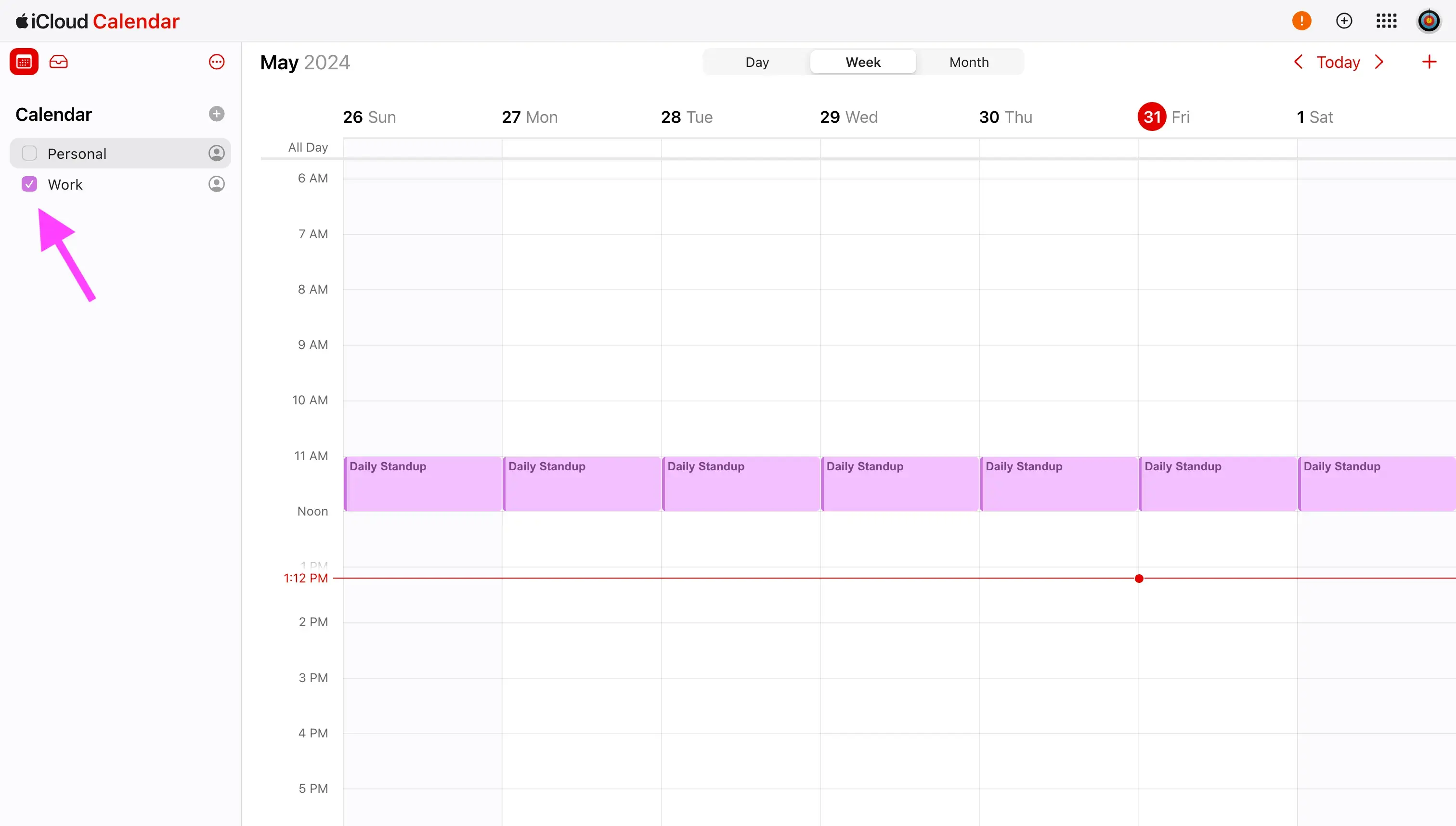 Apple Calendar web - Select the calendar to block time to