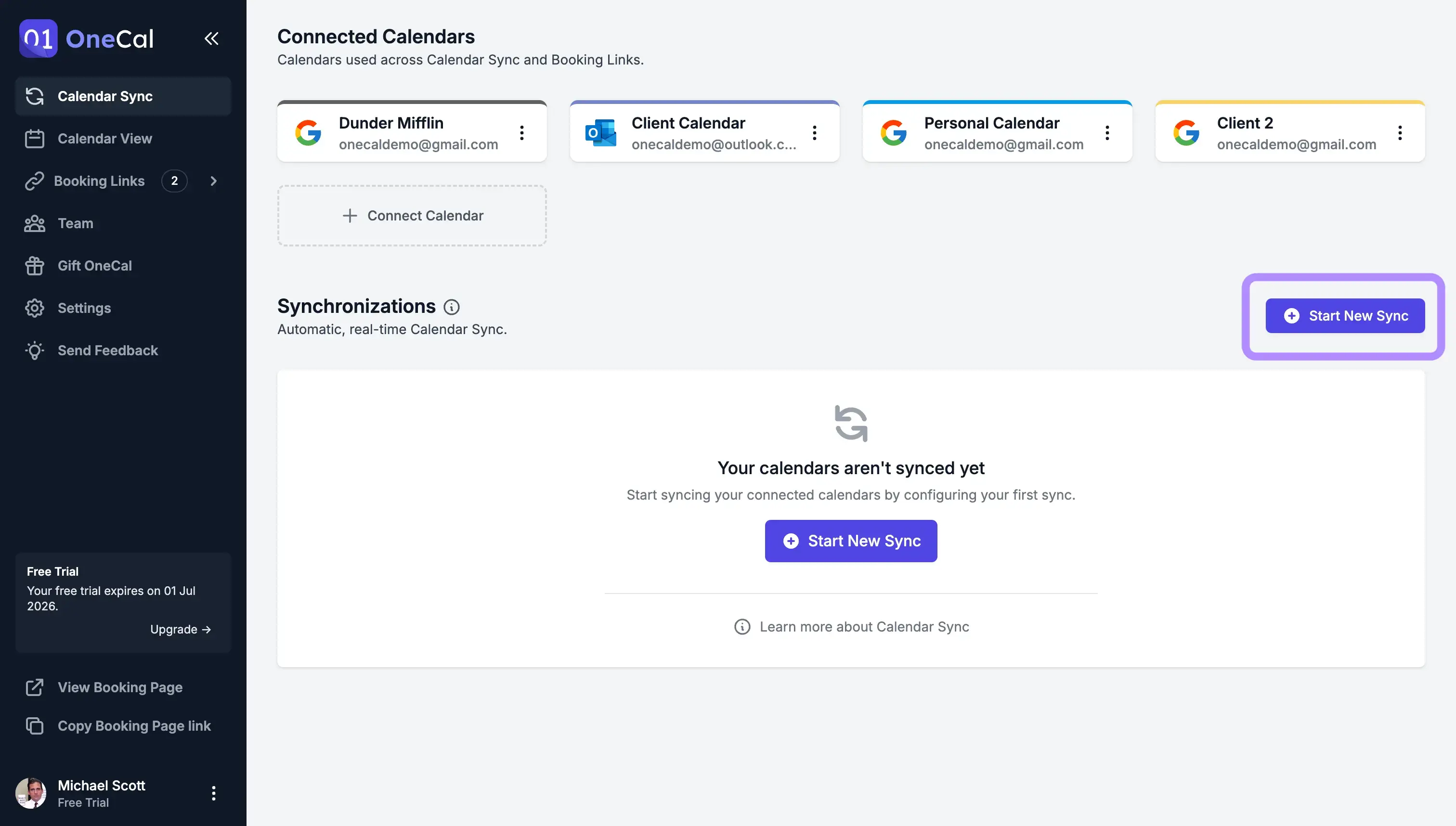 OneCal Dashboard - Click Start New Sync