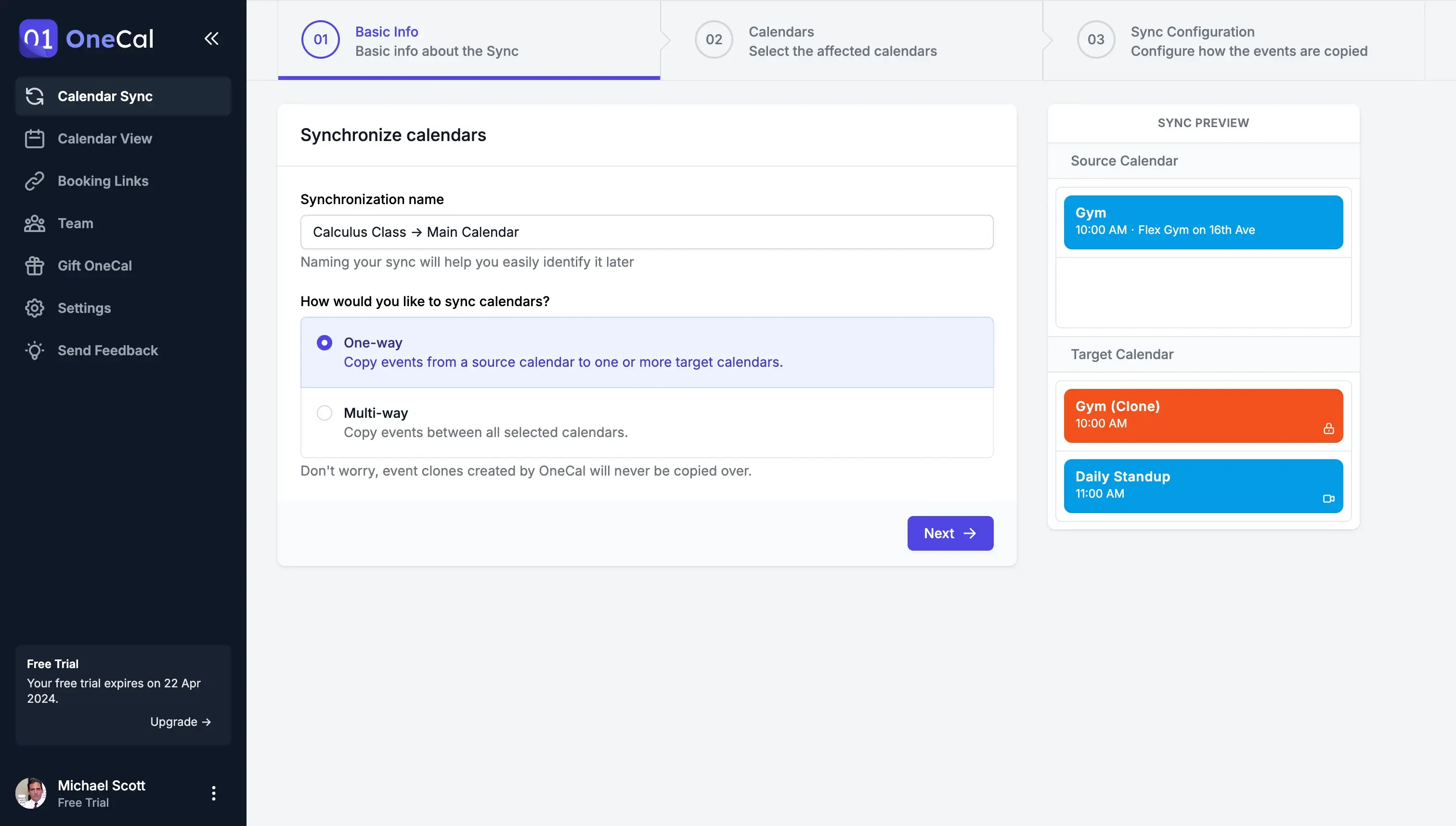 OneCal Dashboard - Calendar Sync Direction