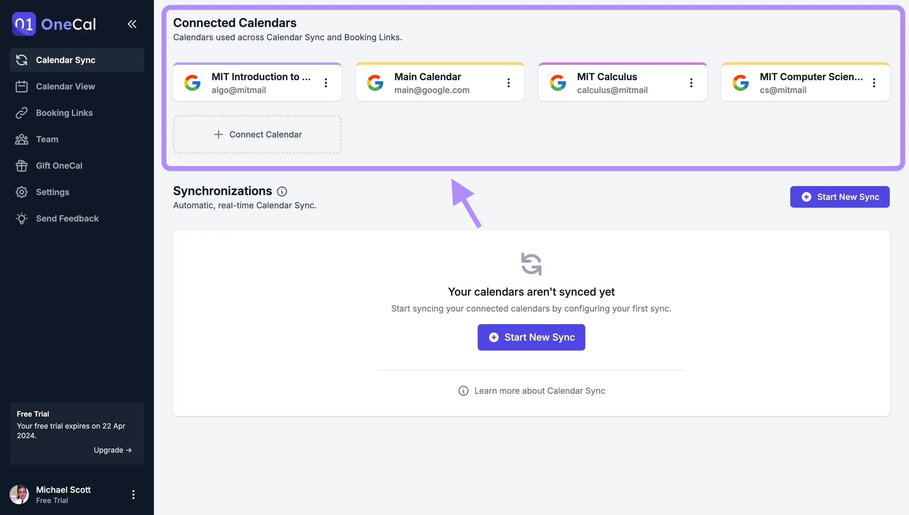 OneCal Dashboard - Connect Calendars