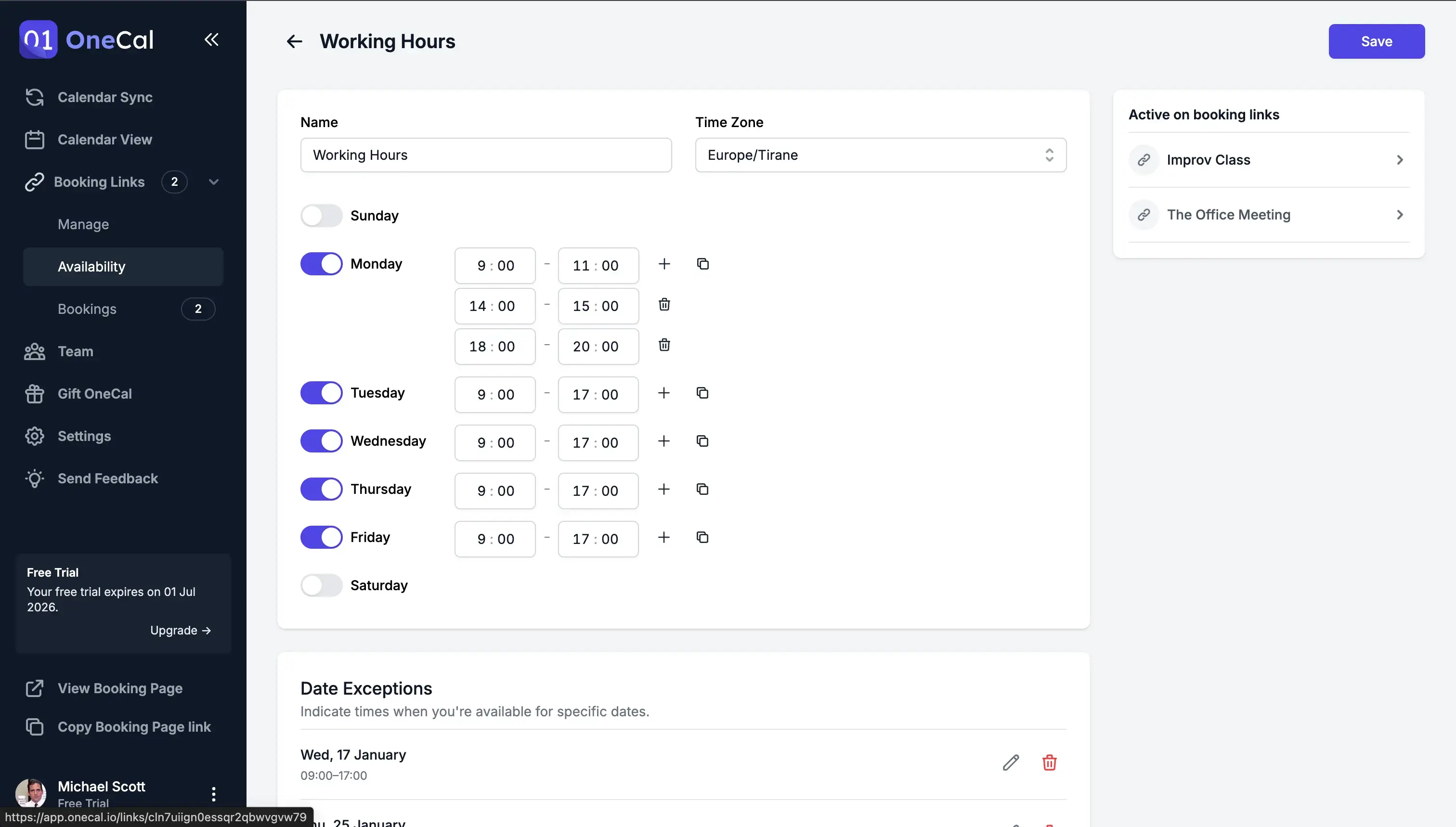 An example of a availability schedule set up in OneCal