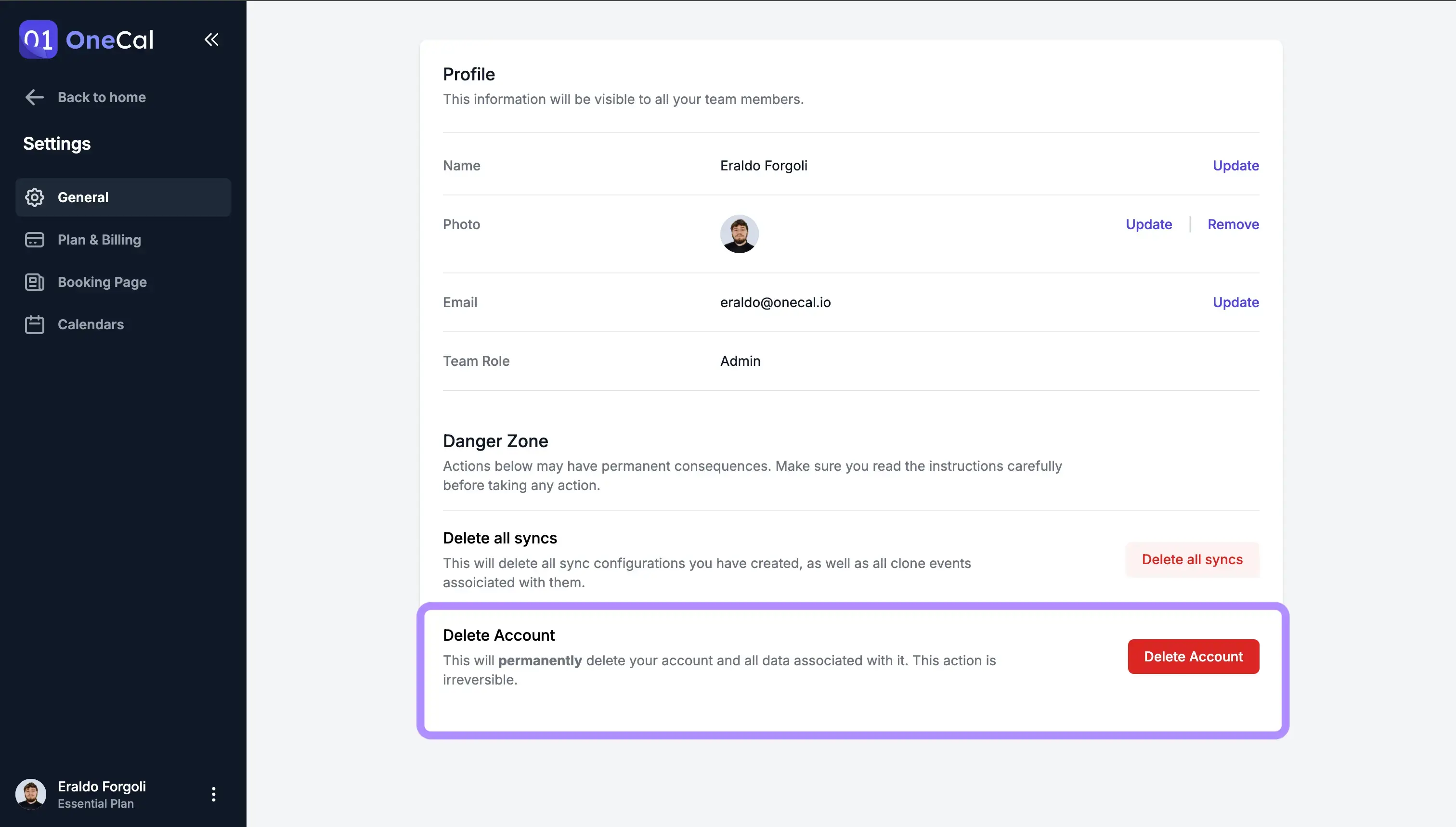 OneCal - Delete Account