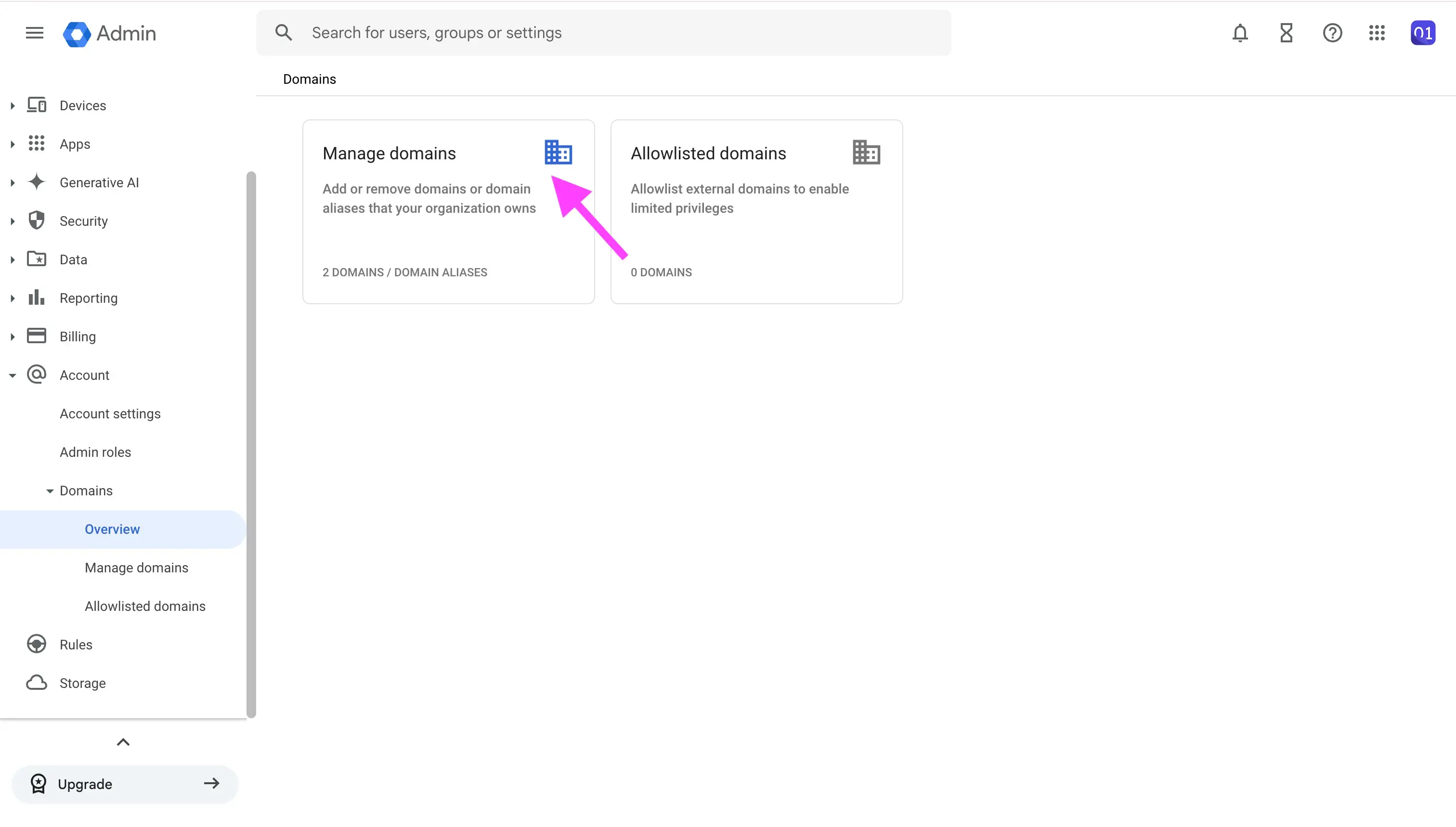Google Workspace Admin - Domains Overview