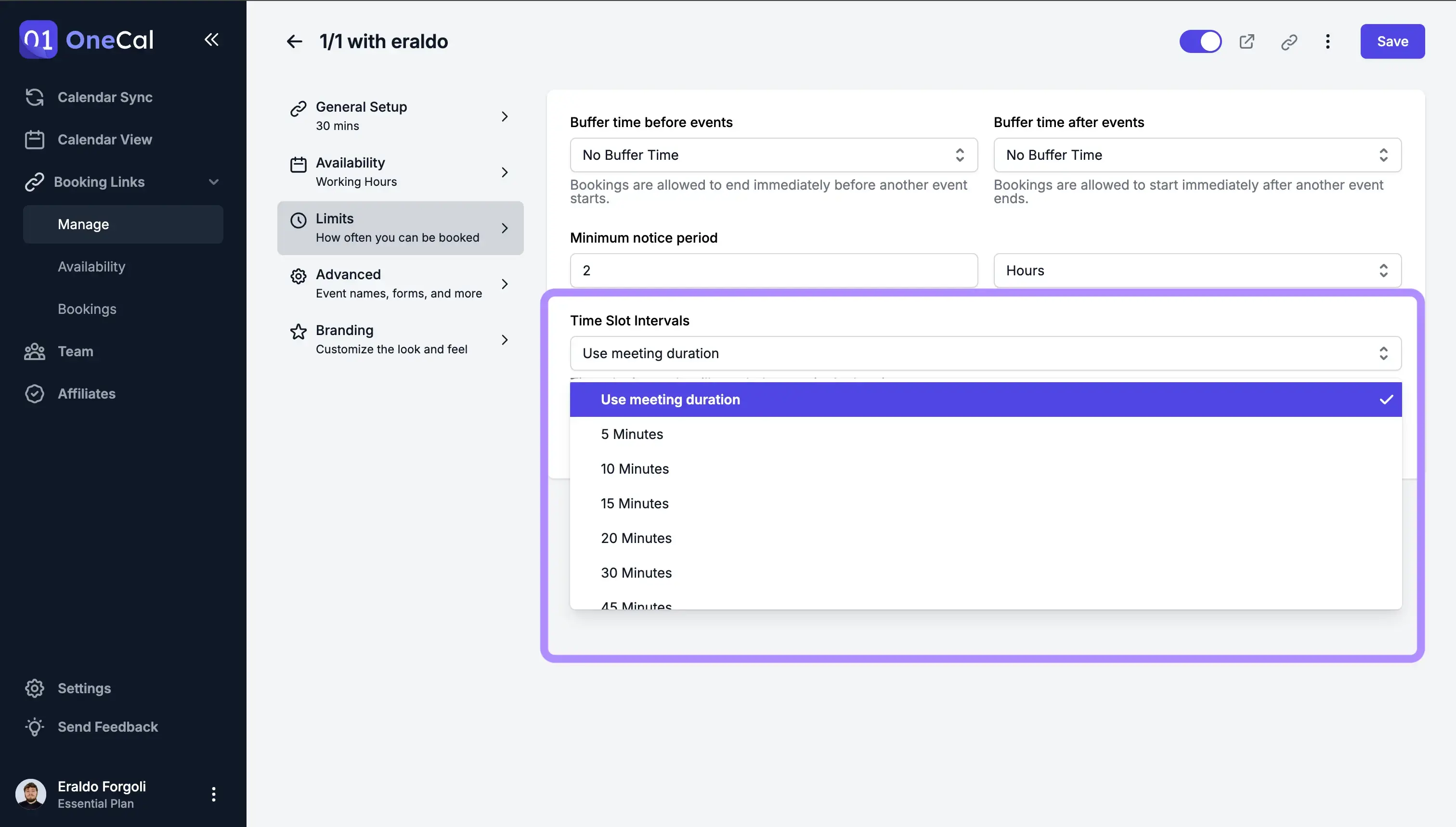 OneCal Booking Links Time Slots Intervals